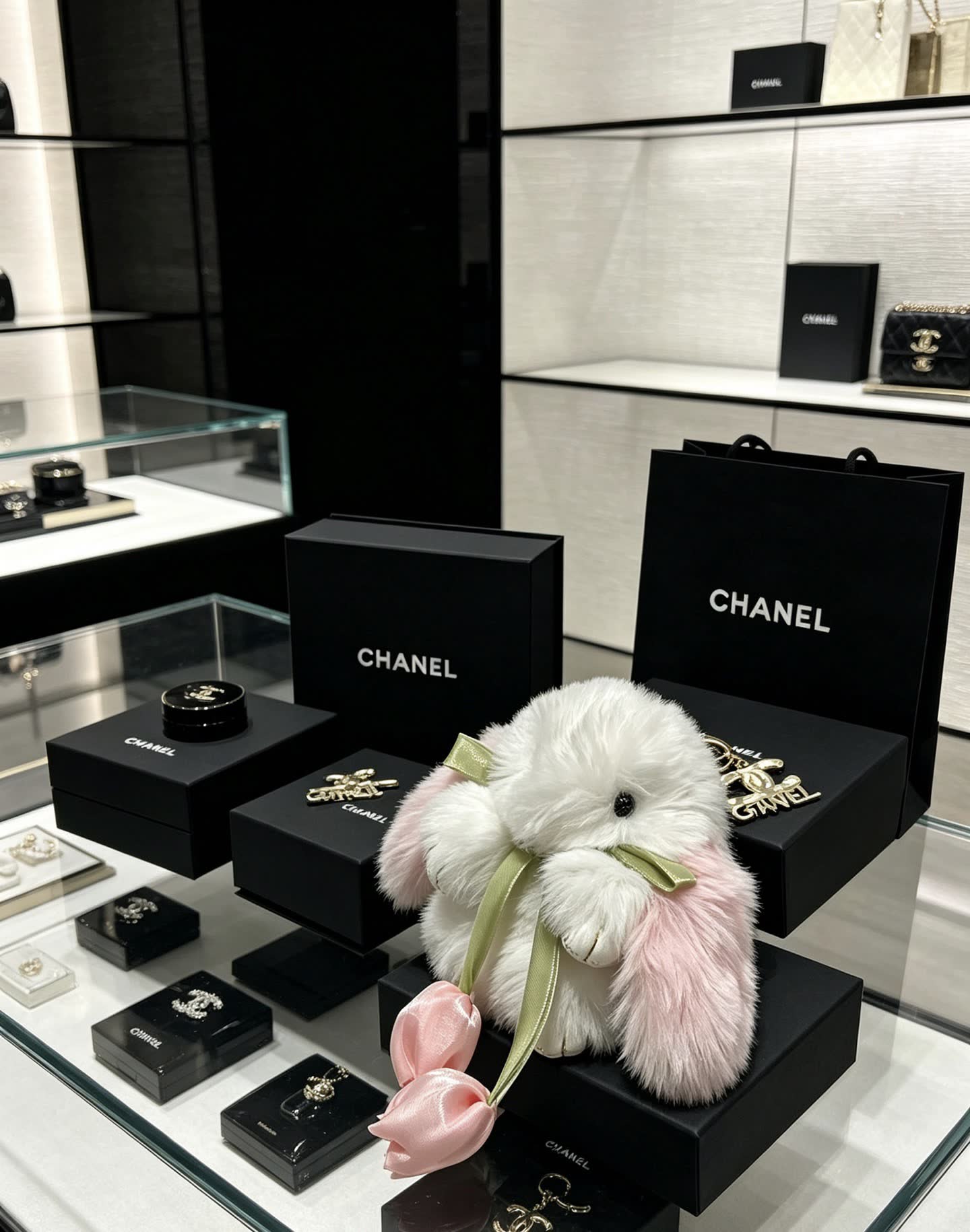 Chanel White and Pink Fluffy Rabbit Keychain