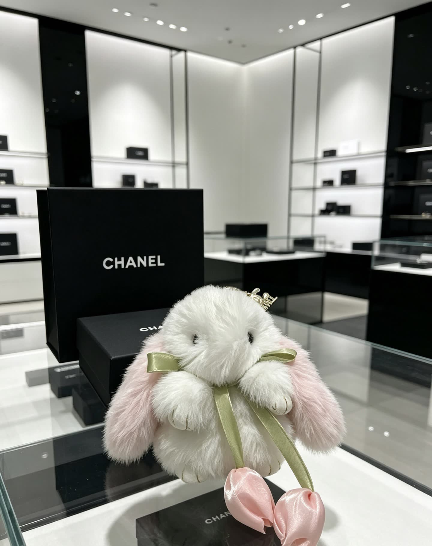 Chanel White and Pink Fluffy Rabbit Keychain