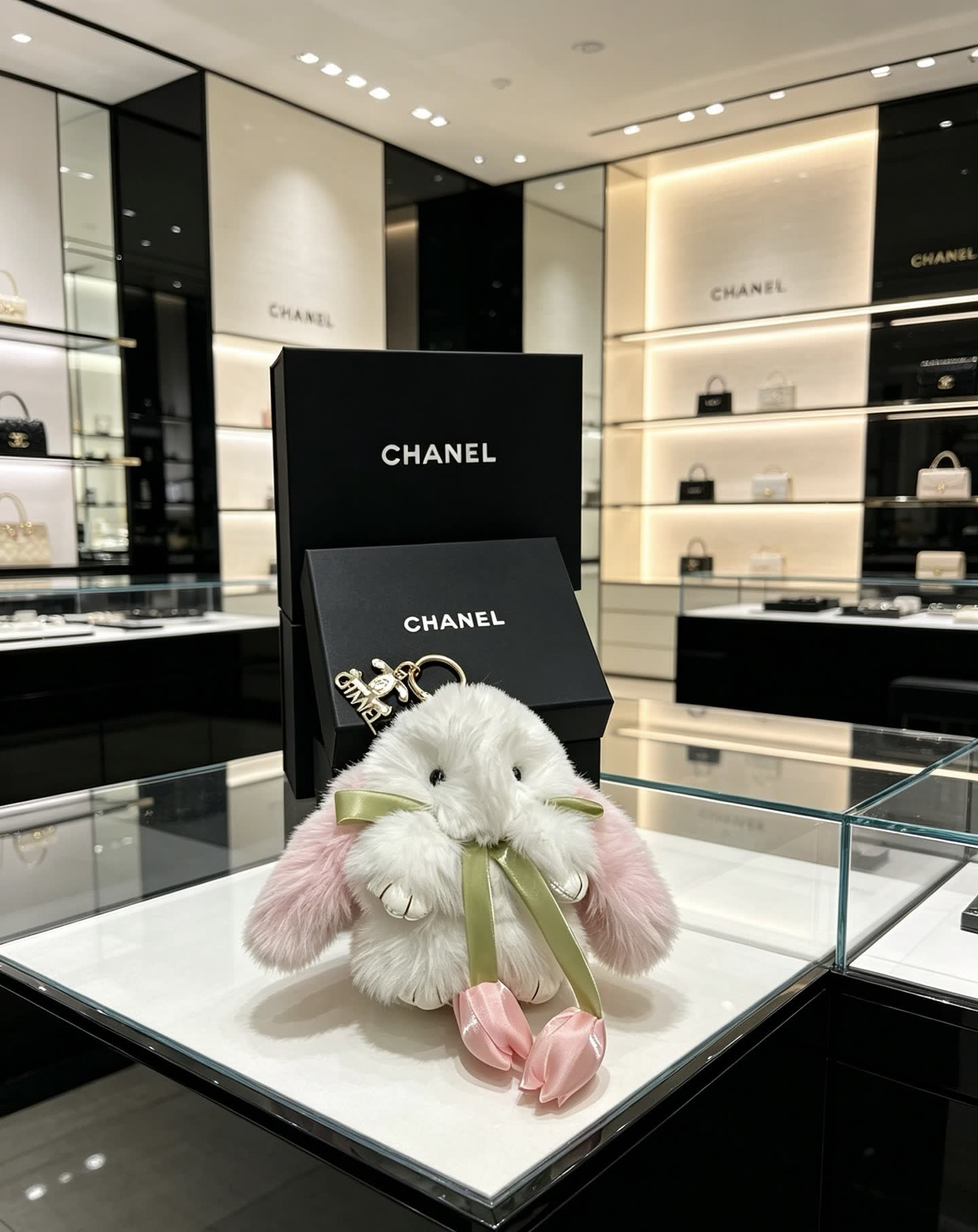 Chanel White and Pink Fluffy Rabbit Keychain
