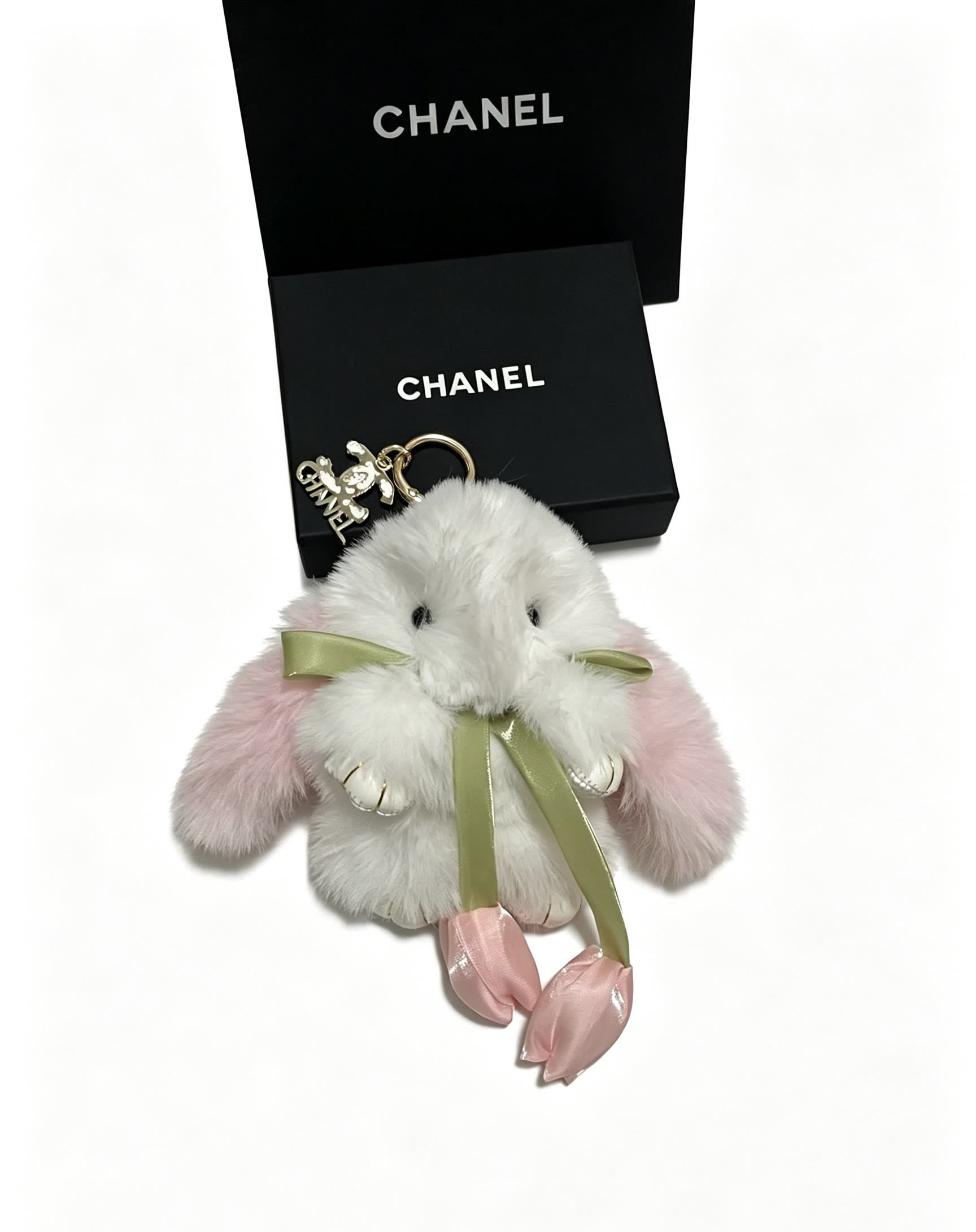 Chanel White and Pink Fluffy Rabbit Keychain