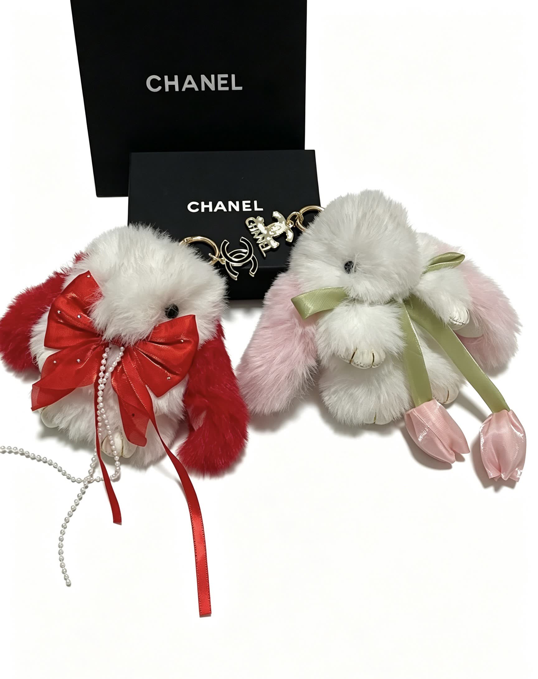 Chanel White and Pink Fluffy Rabbit Keychain
