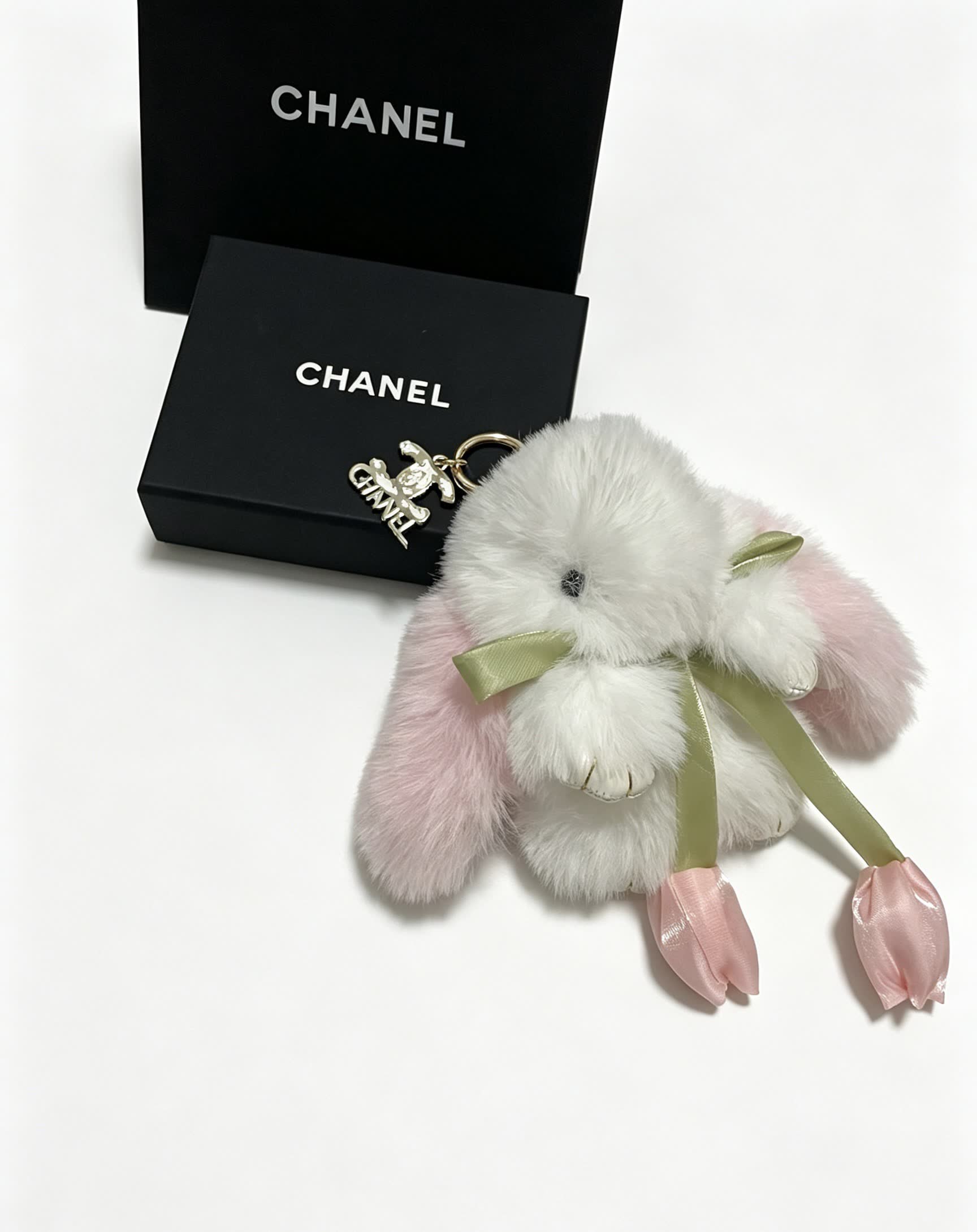 Chanel White and Pink Fluffy Rabbit Keychain