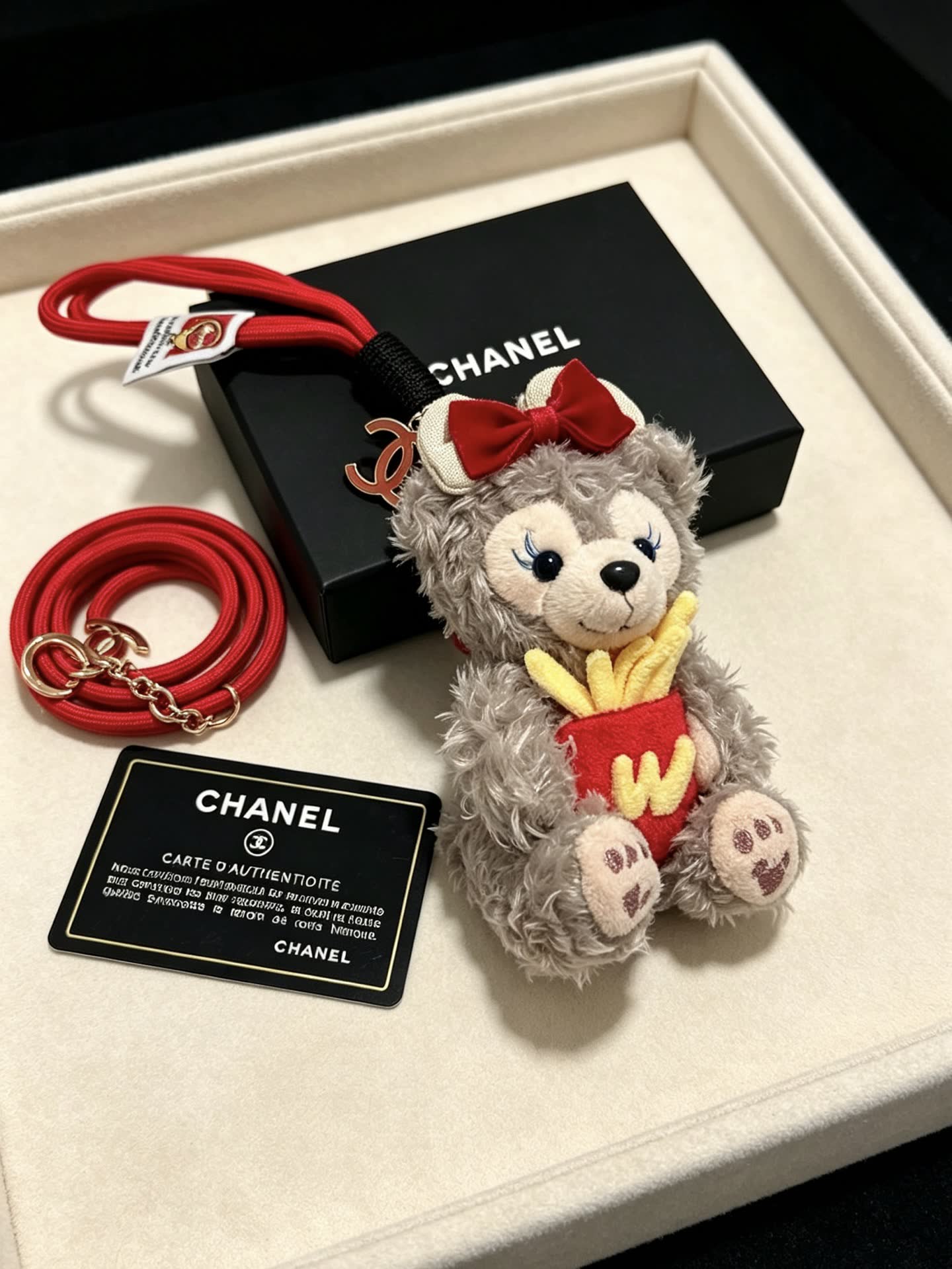 Chanel Bear Charm with Red Bow and French Fries