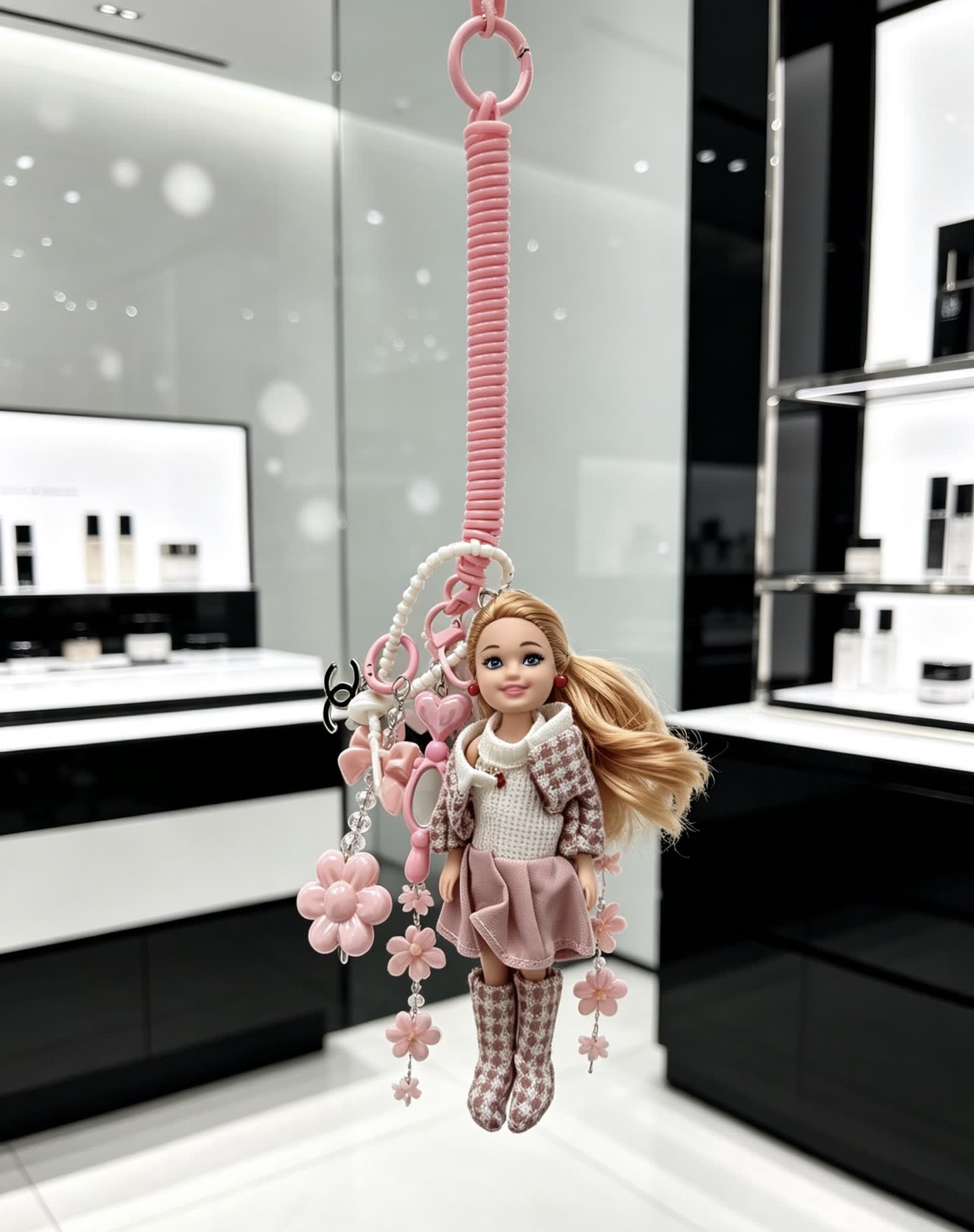 Chanel Fashion Doll Keychain with Pink Flowers and Accessories Chanel Fashion Doll Keychain with Pink Flowers and Accessories
