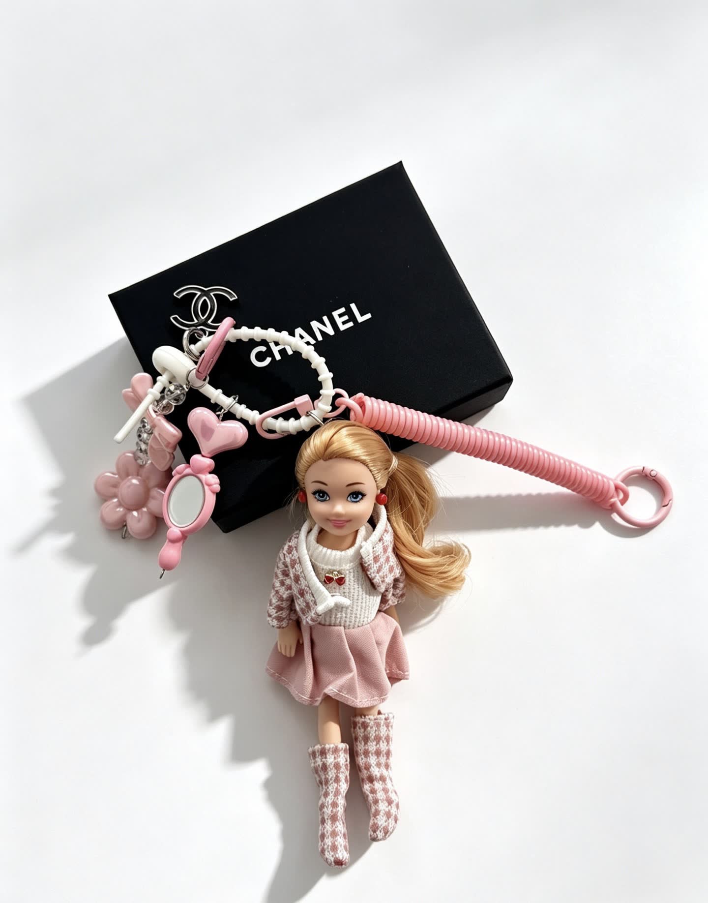 Chanel Fashion Doll Keychain with Pink Flowers and Accessories