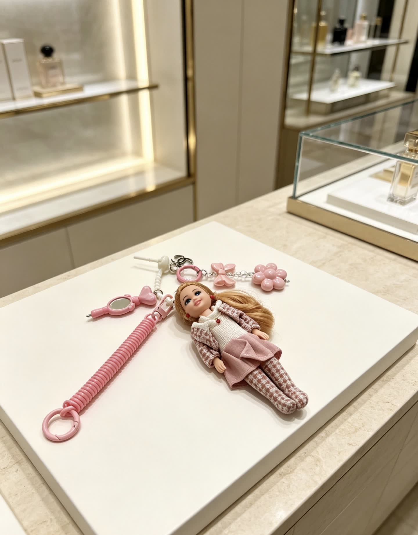 Chanel Fashion Doll Keychain with Pink Flowers and Accessories