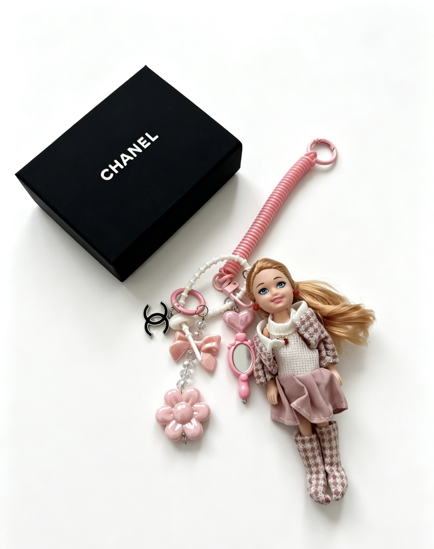 Chanel Fashion Doll Keychain with Pink Flowers and Accessories