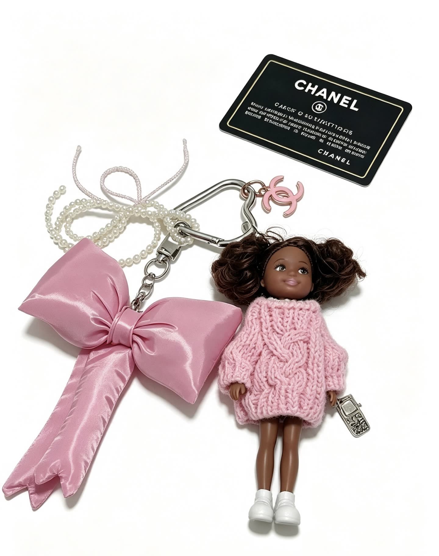 Chanel Pink Satin Bow Keychain with Doll Charm