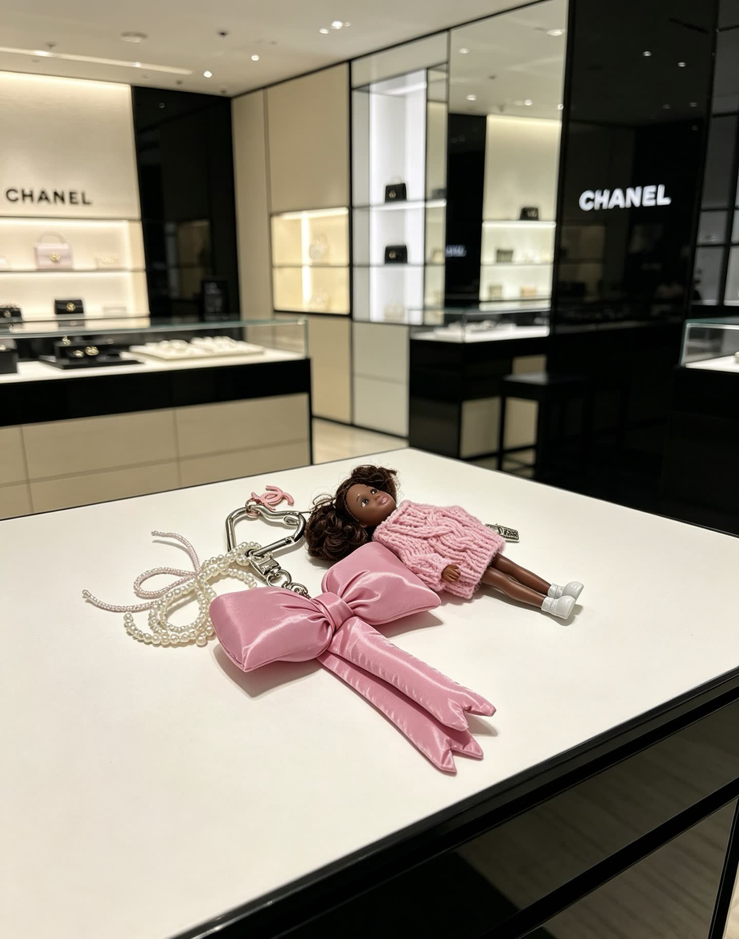 Chanel Pink Satin Bow Keychain with Doll Charm