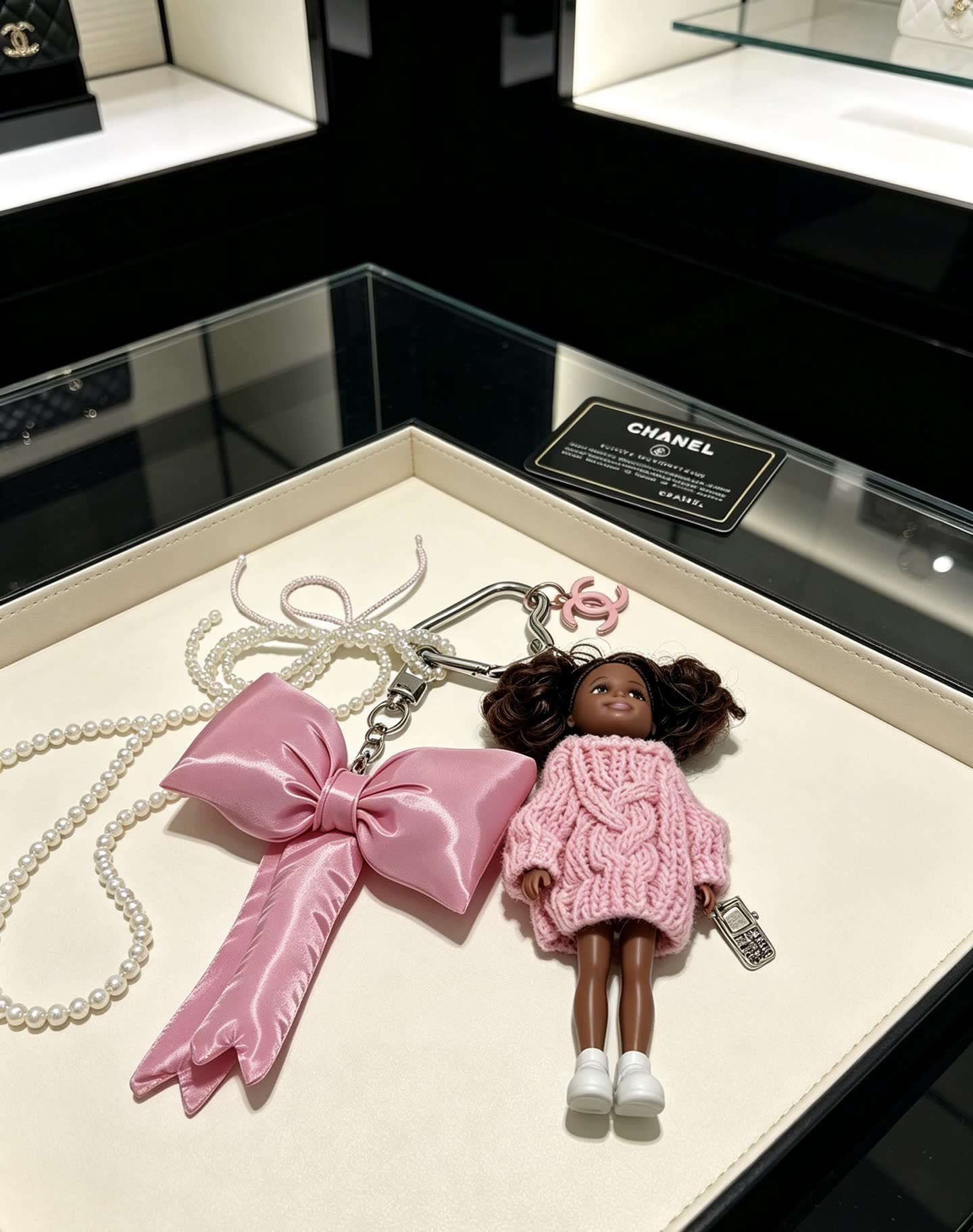 Chanel Pink Satin Bow Keychain with Doll Charm