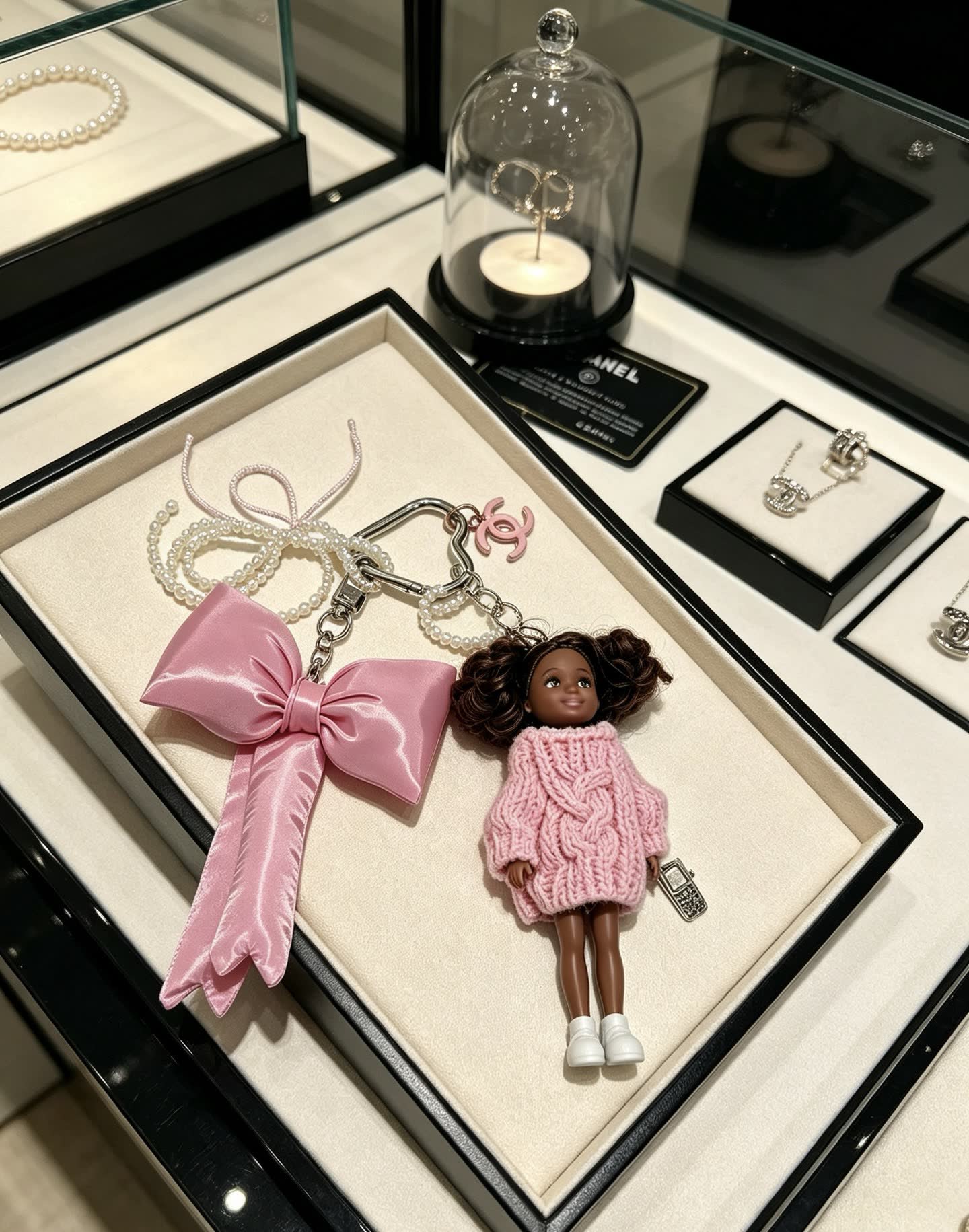 Chanel Pink Satin Bow Keychain with Doll Charm