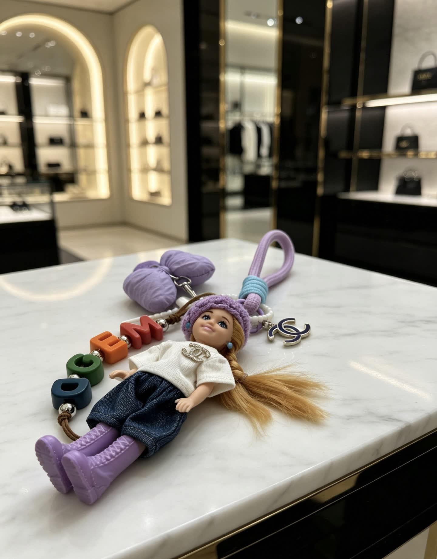 Chanel Keychain with Doll and Beaded Letter Charm