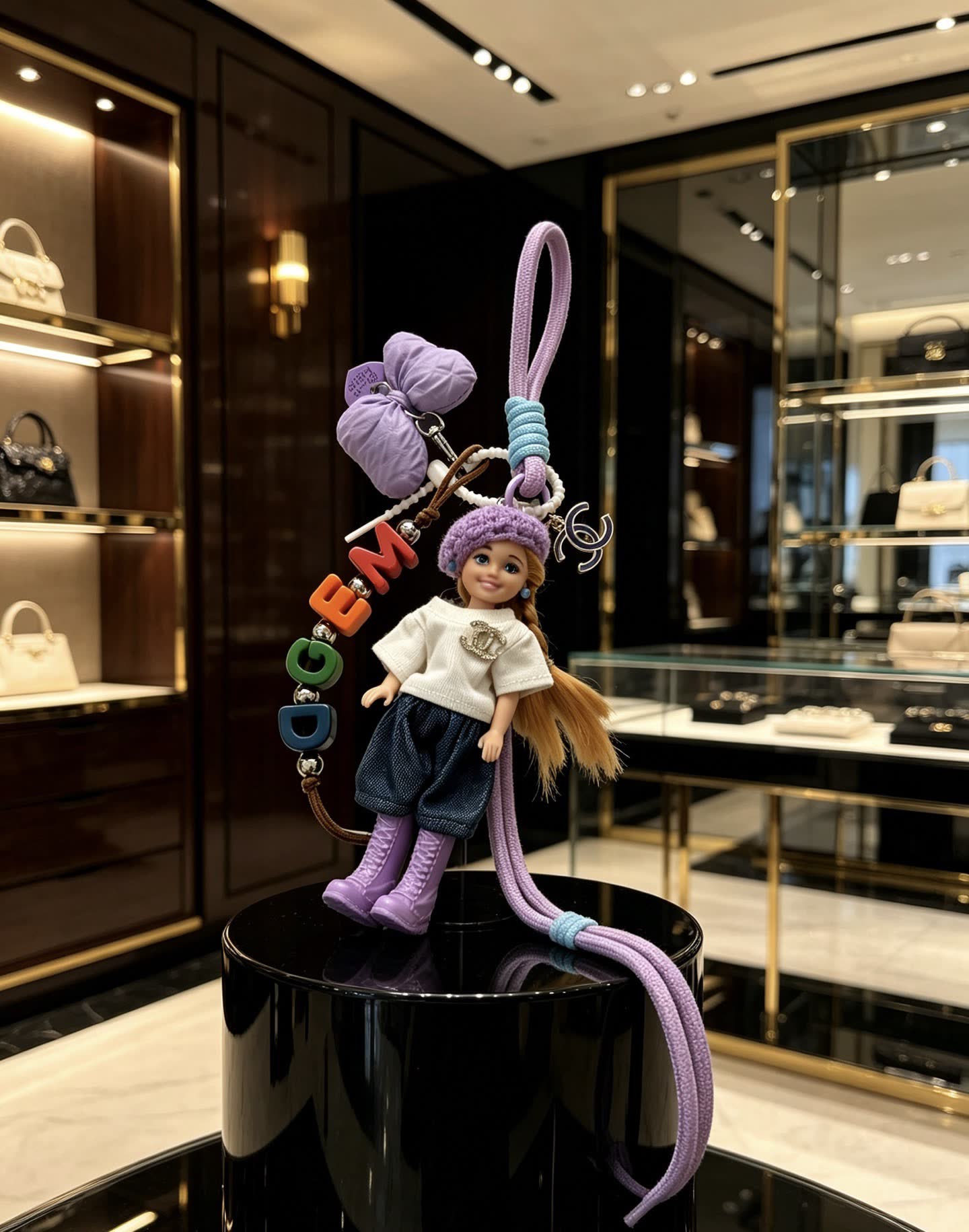 Chanel Keychain with Doll and Beaded Letter Charm