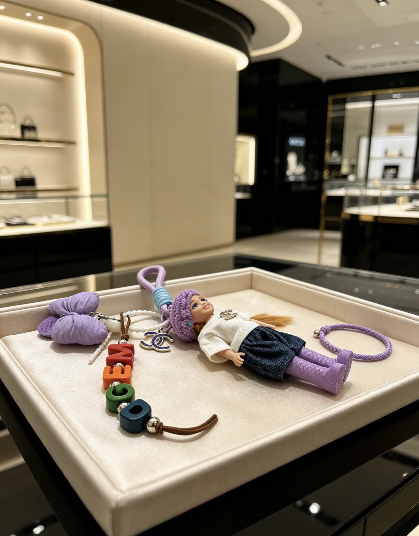 Chanel Keychain with Doll and Beaded Letter Charm
