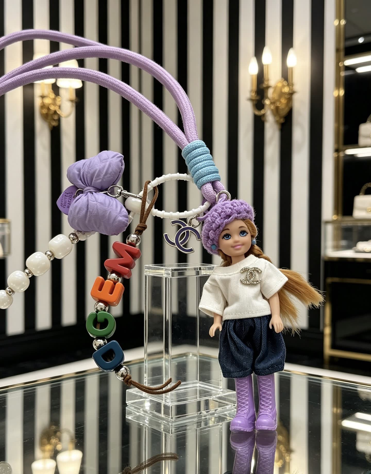 Chanel Keychain with Doll and Beaded Letter Charm