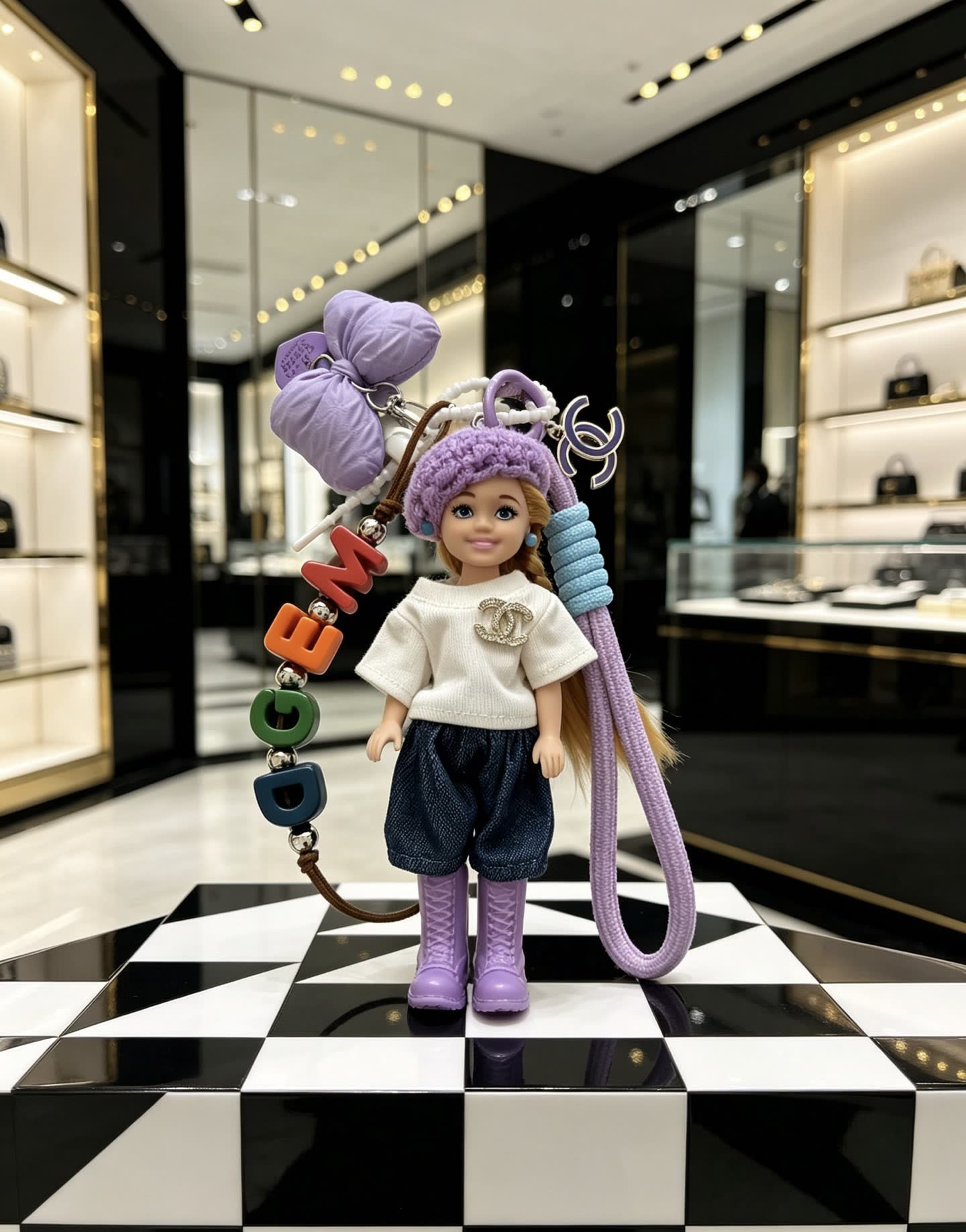 Chanel Keychain with Doll and Beaded Letter Charm