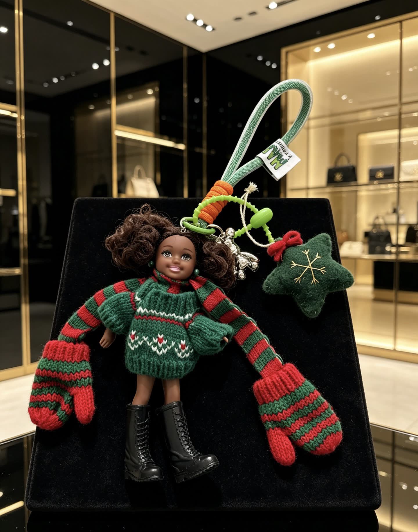 Chanel Christmas-themed keychain with doll and festive accessories Chanel Christmas-themed keychain with doll and festive accessories
