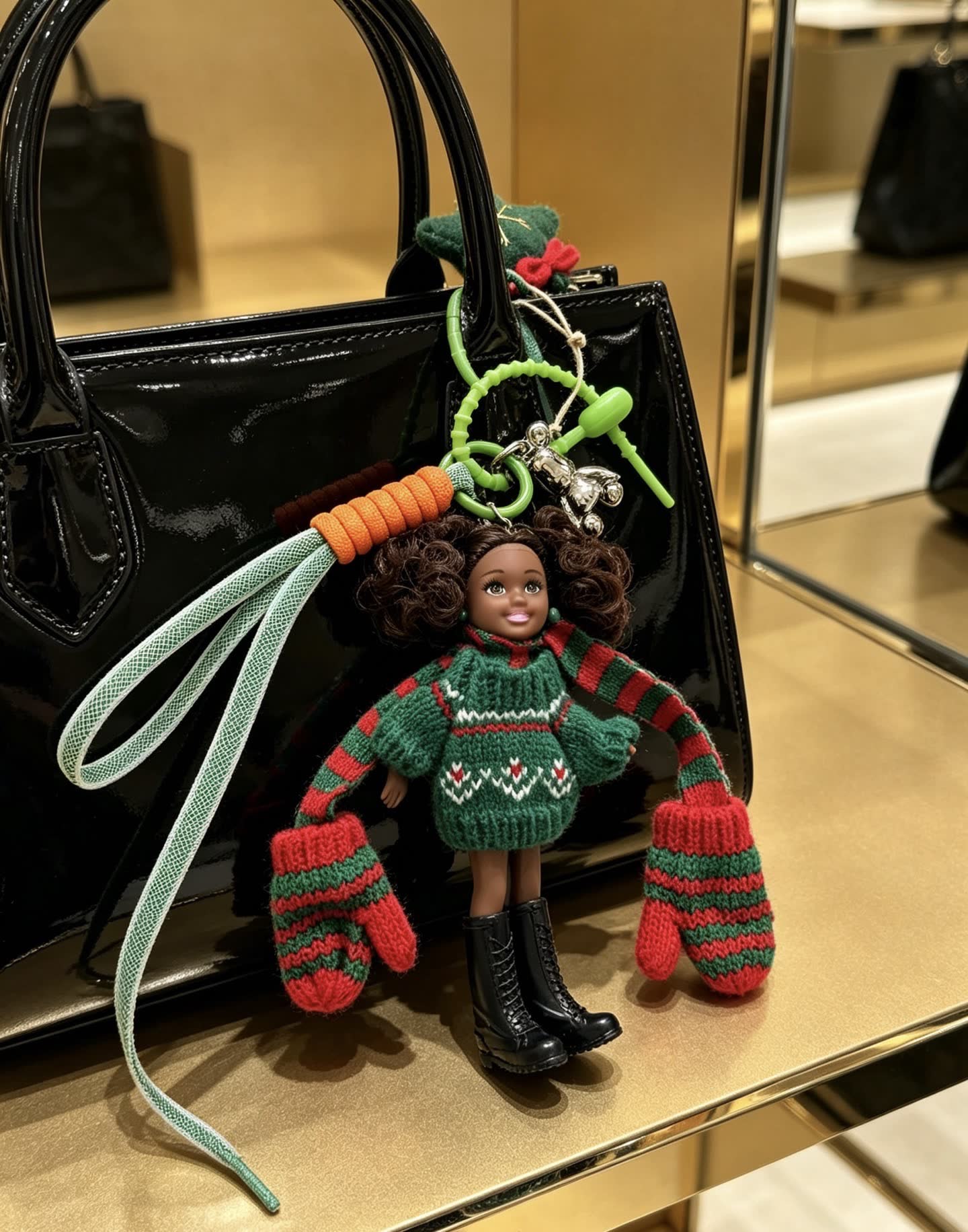 Chanel Christmas-themed keychain with doll and festive accessories