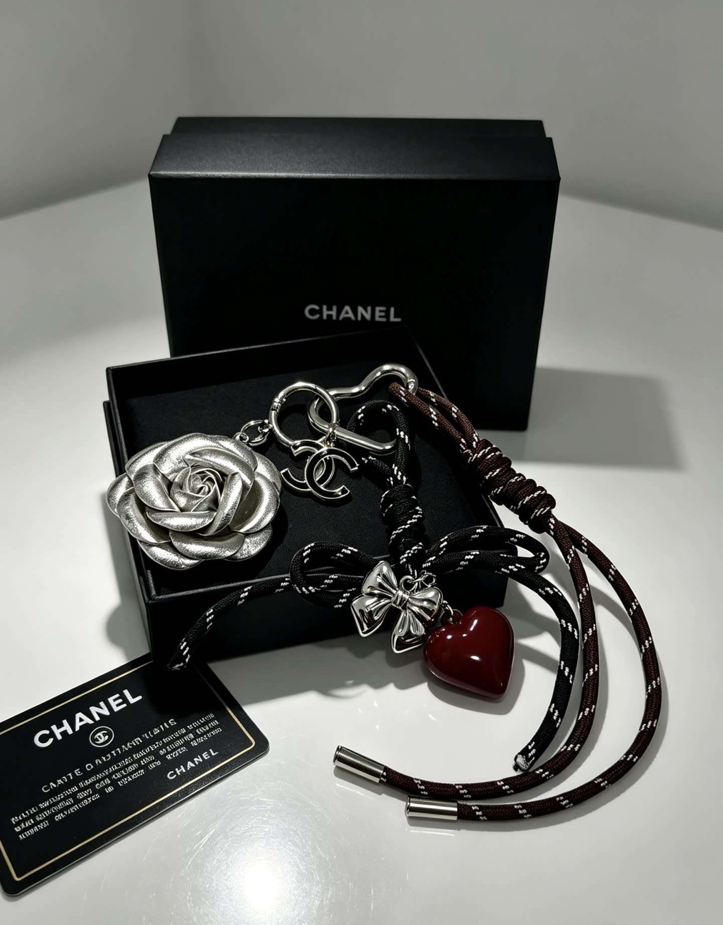 Chanel Silver Rose and Heart Keychain