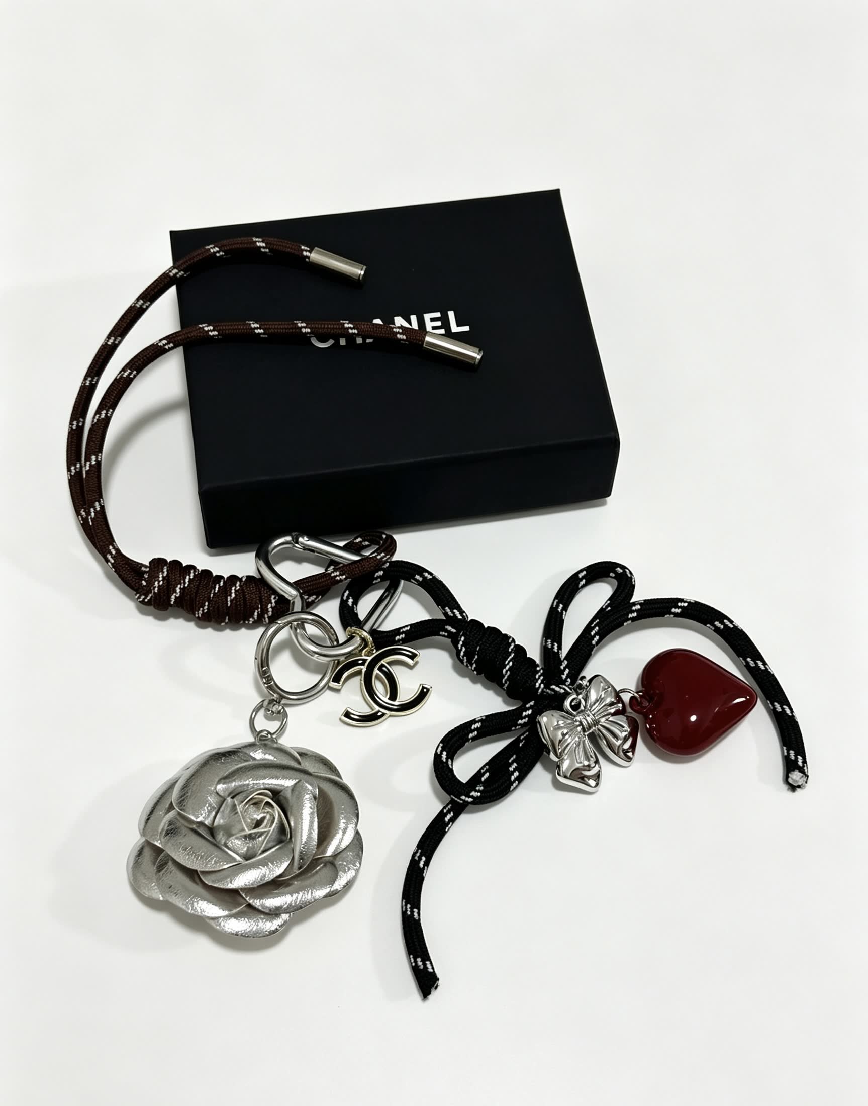 Chanel Silver Rose and Heart Keychain