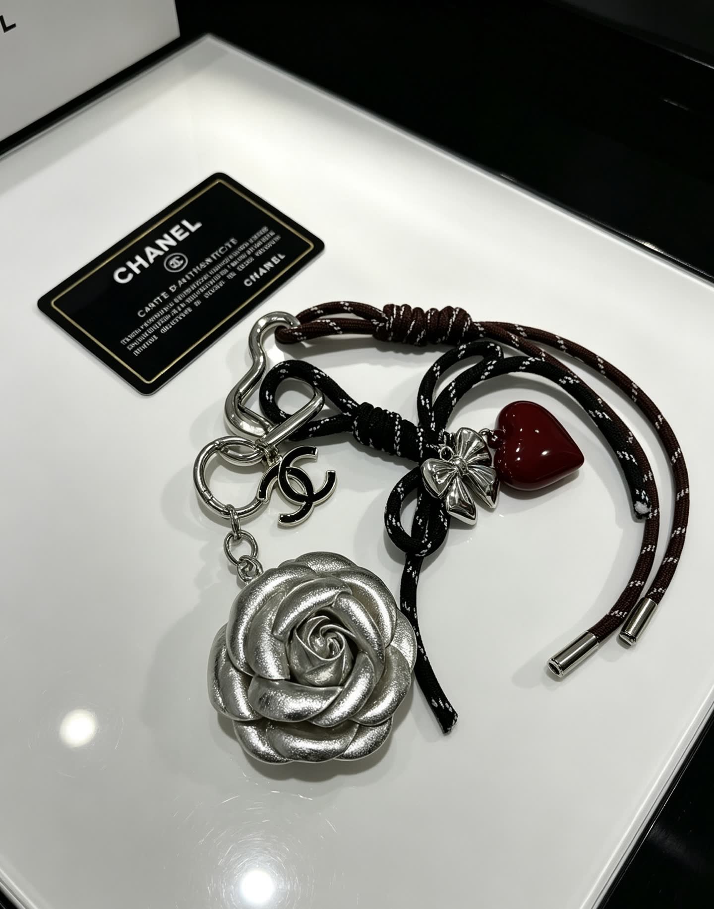 Chanel Silver Rose and Heart Keychain