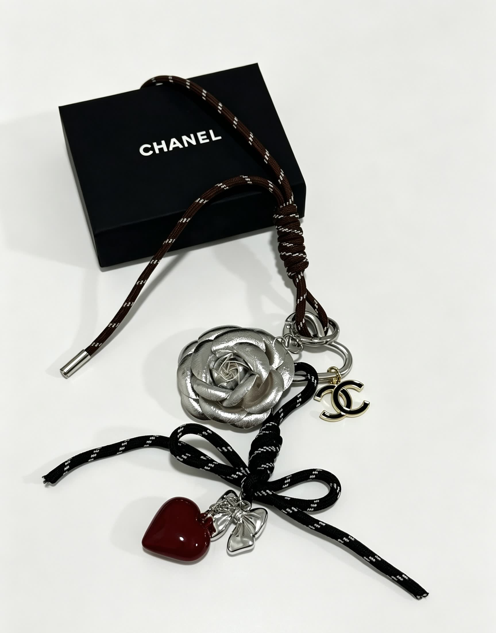 Chanel Silver Rose and Heart Keychain