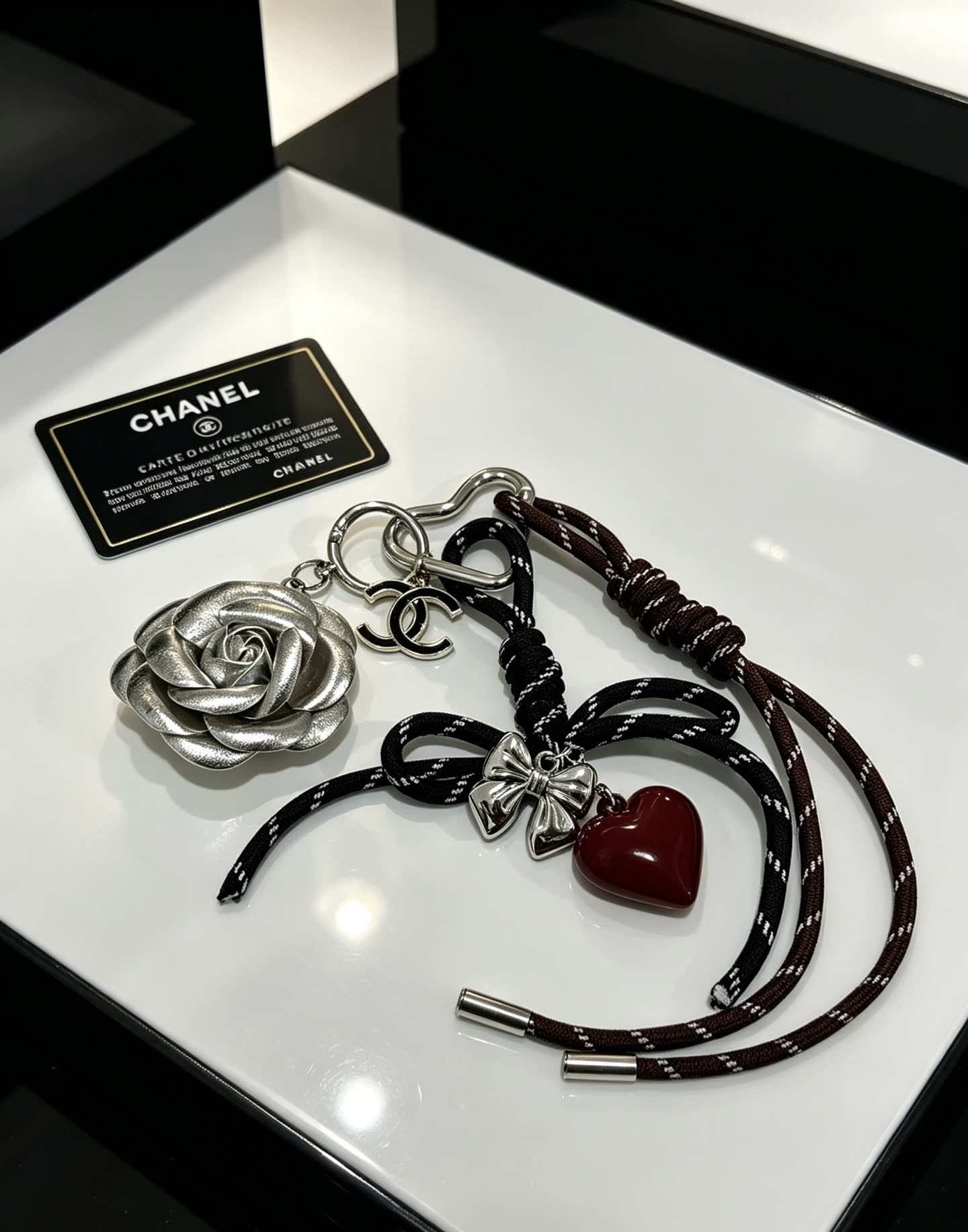 Chanel Silver Rose and Heart Keychain
