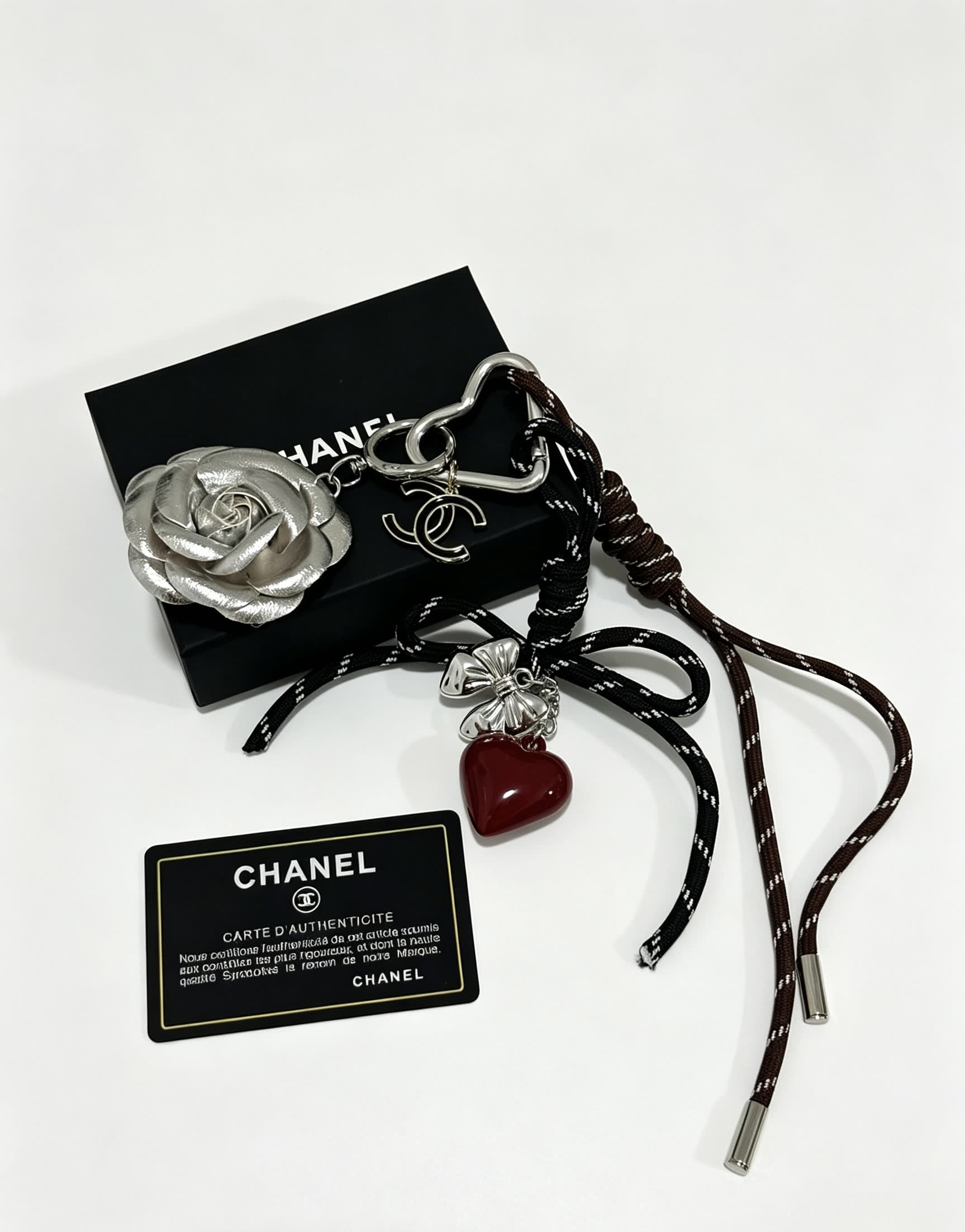 Chanel Silver Rose and Heart Keychain