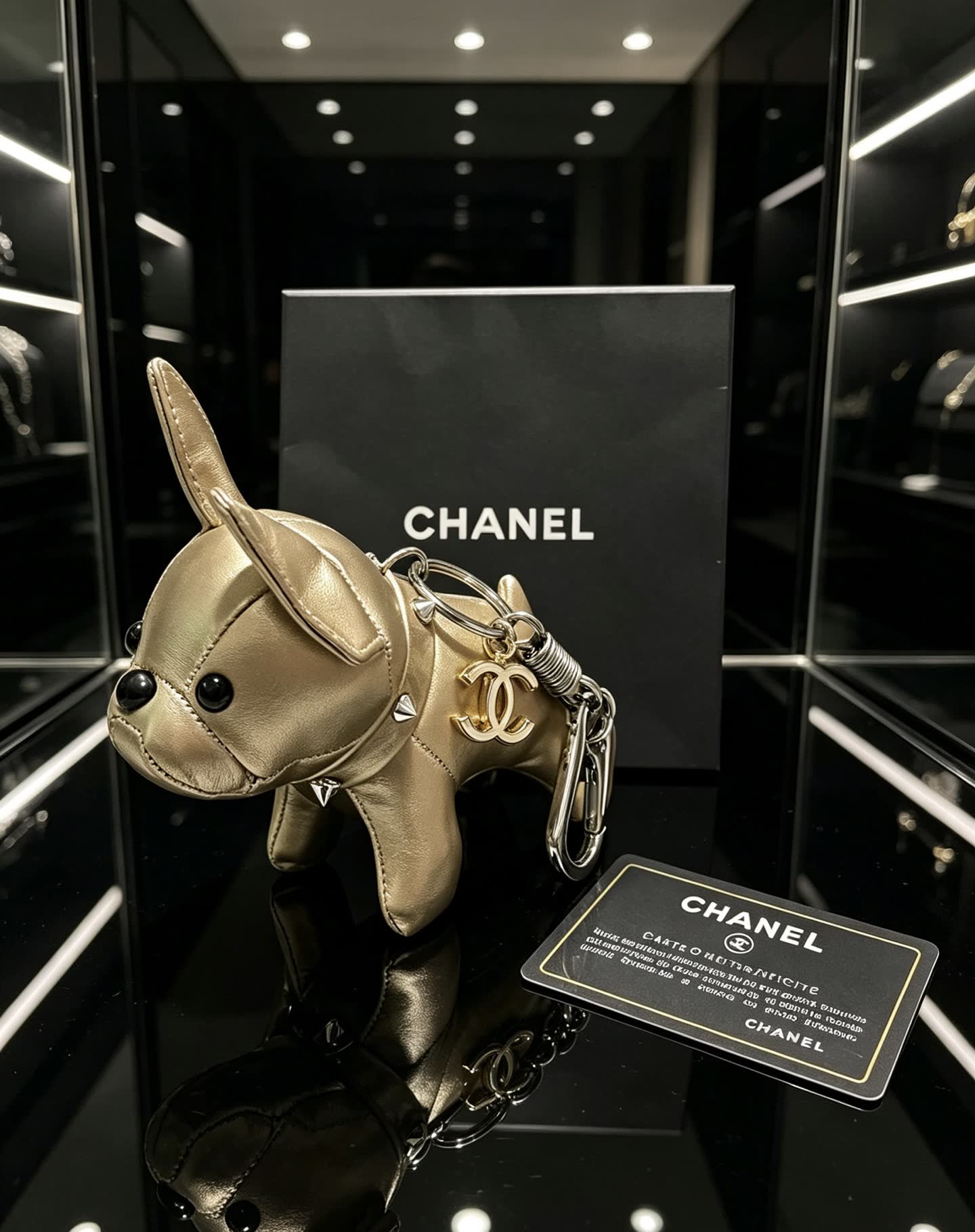 Chanel Gold Leather Dog Keychain