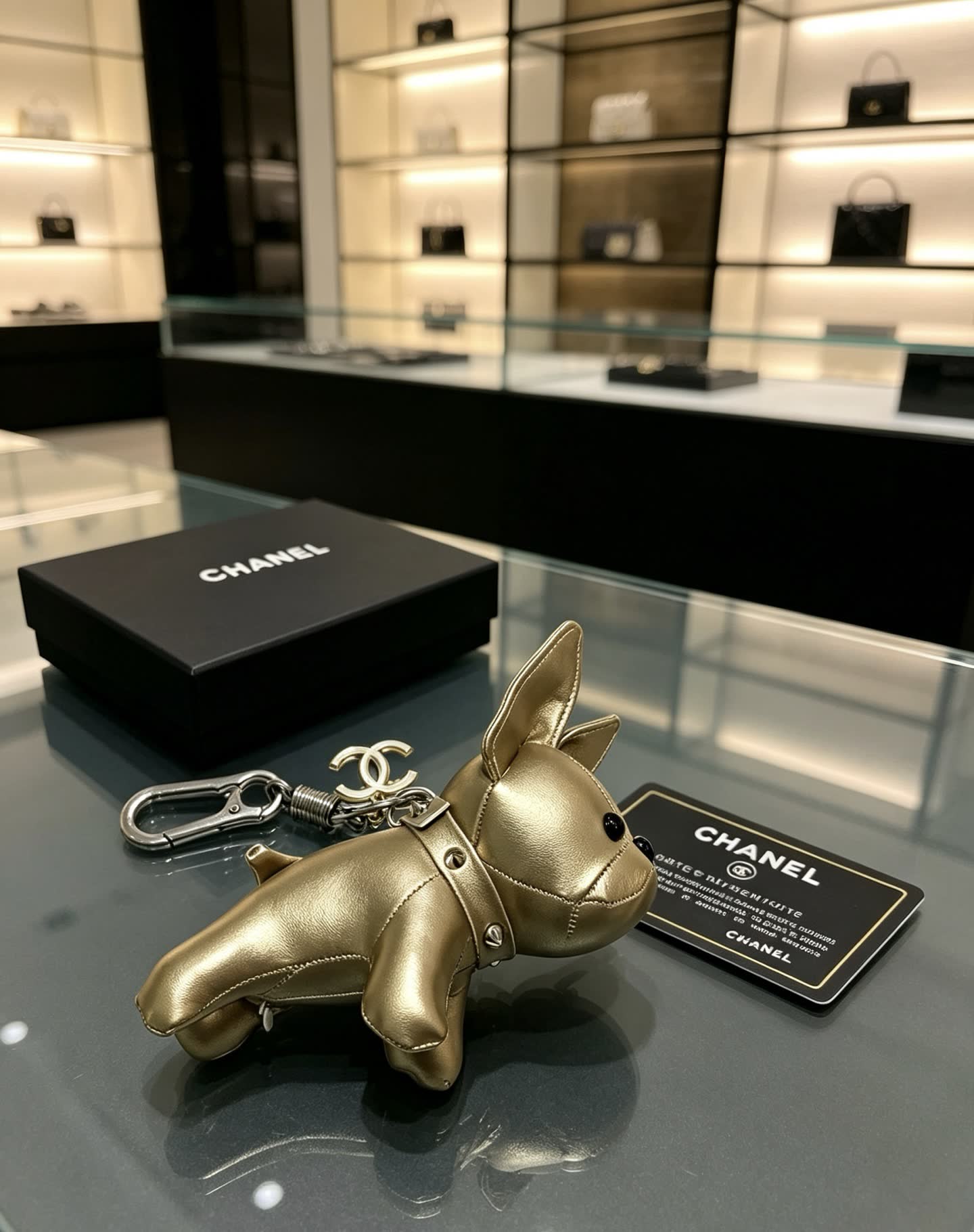 Chanel Gold Leather Dog Keychain
