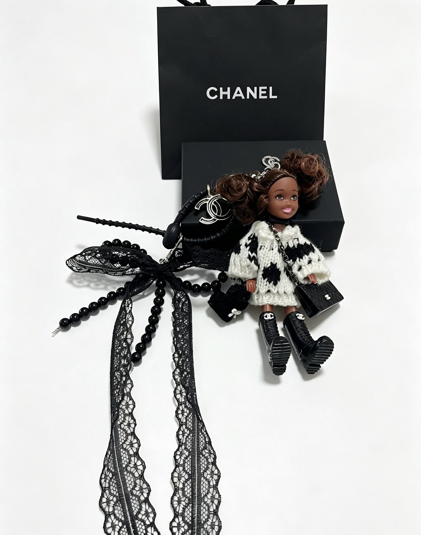 Chanel Keychain with Beaded Chain and Doll Charm