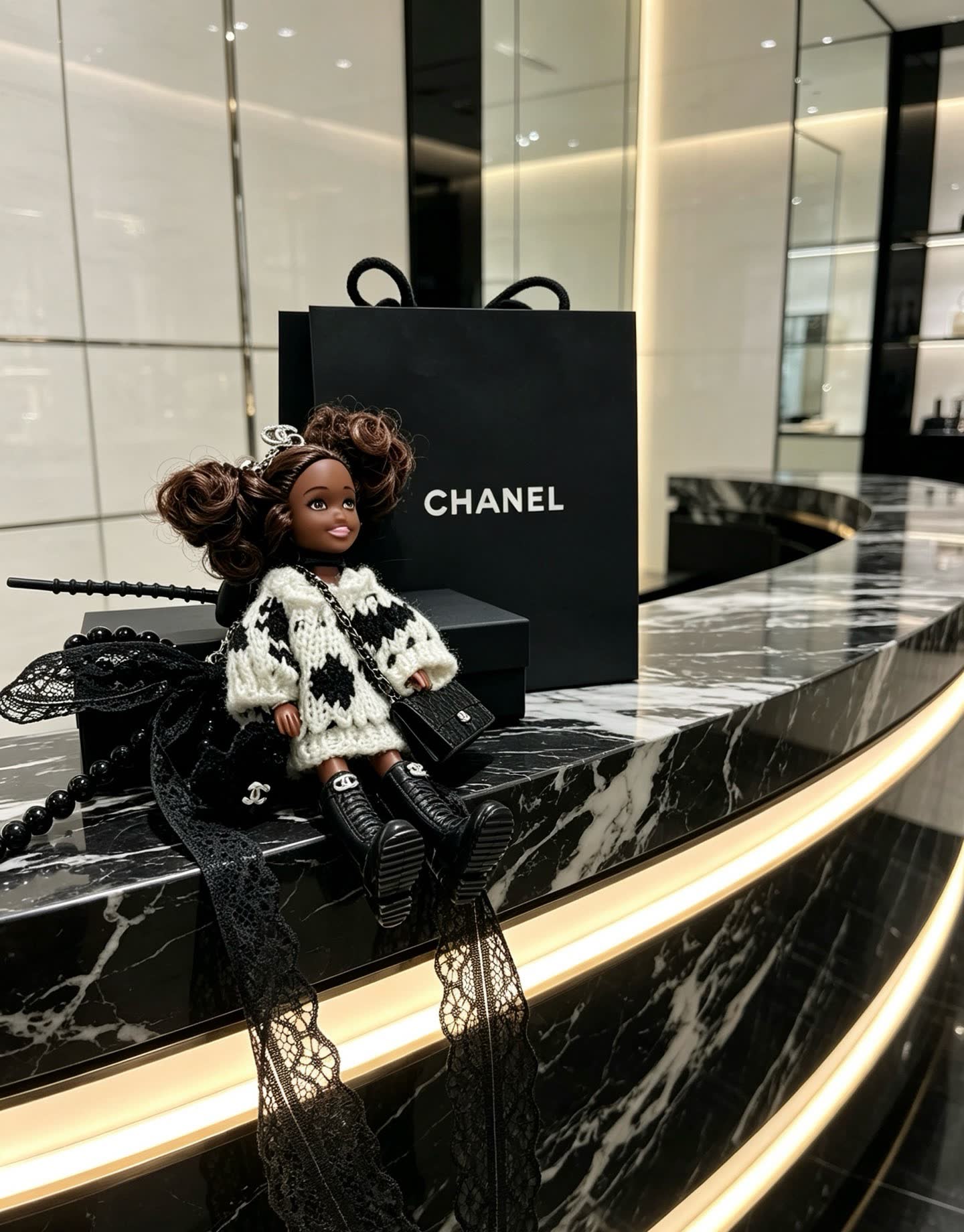 Chanel Keychain with Beaded Chain and Doll Charm