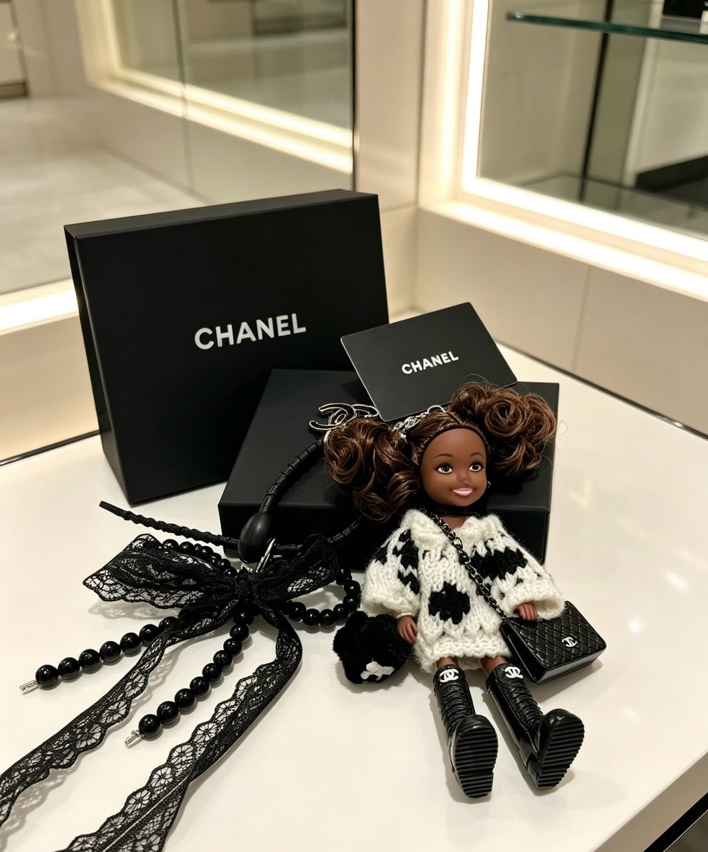 Chanel Keychain with Beaded Chain and Doll Charm