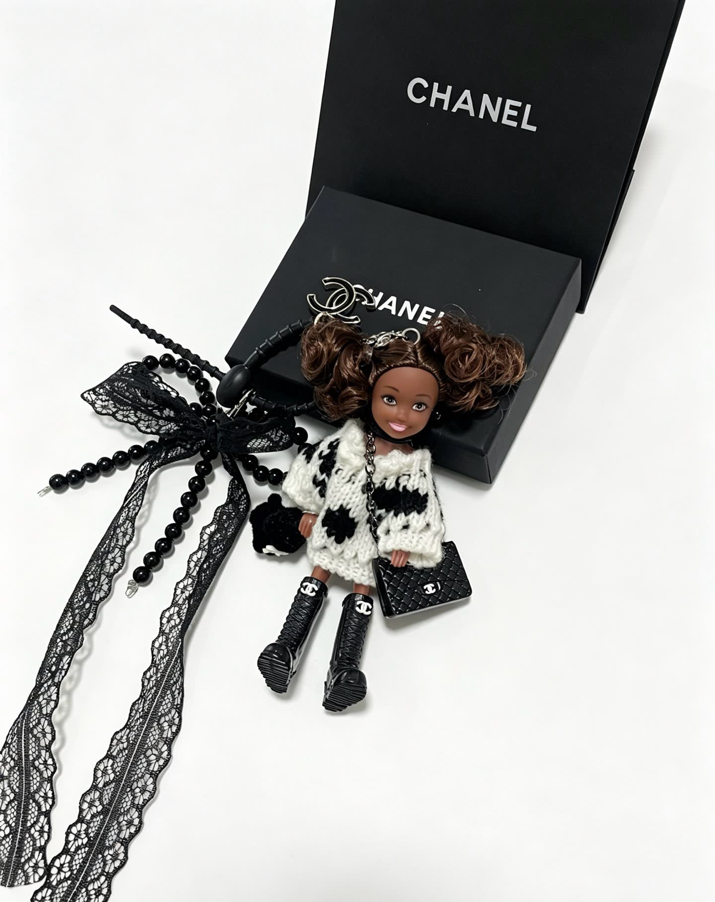 Chanel Keychain with Beaded Chain and Doll Charm