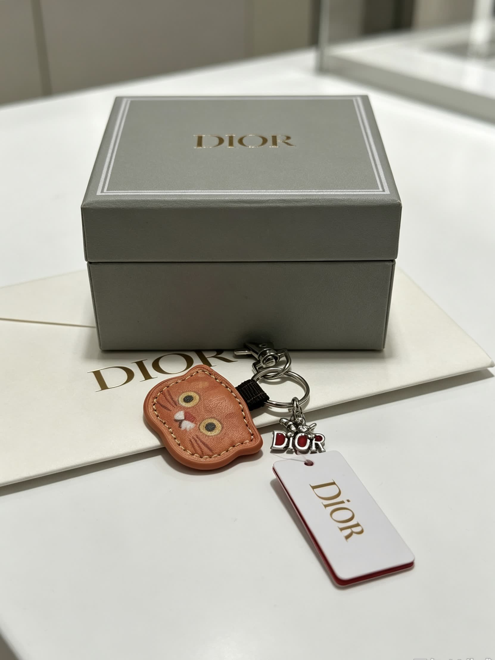 Dior Leather Keychain with Cat Face Charm