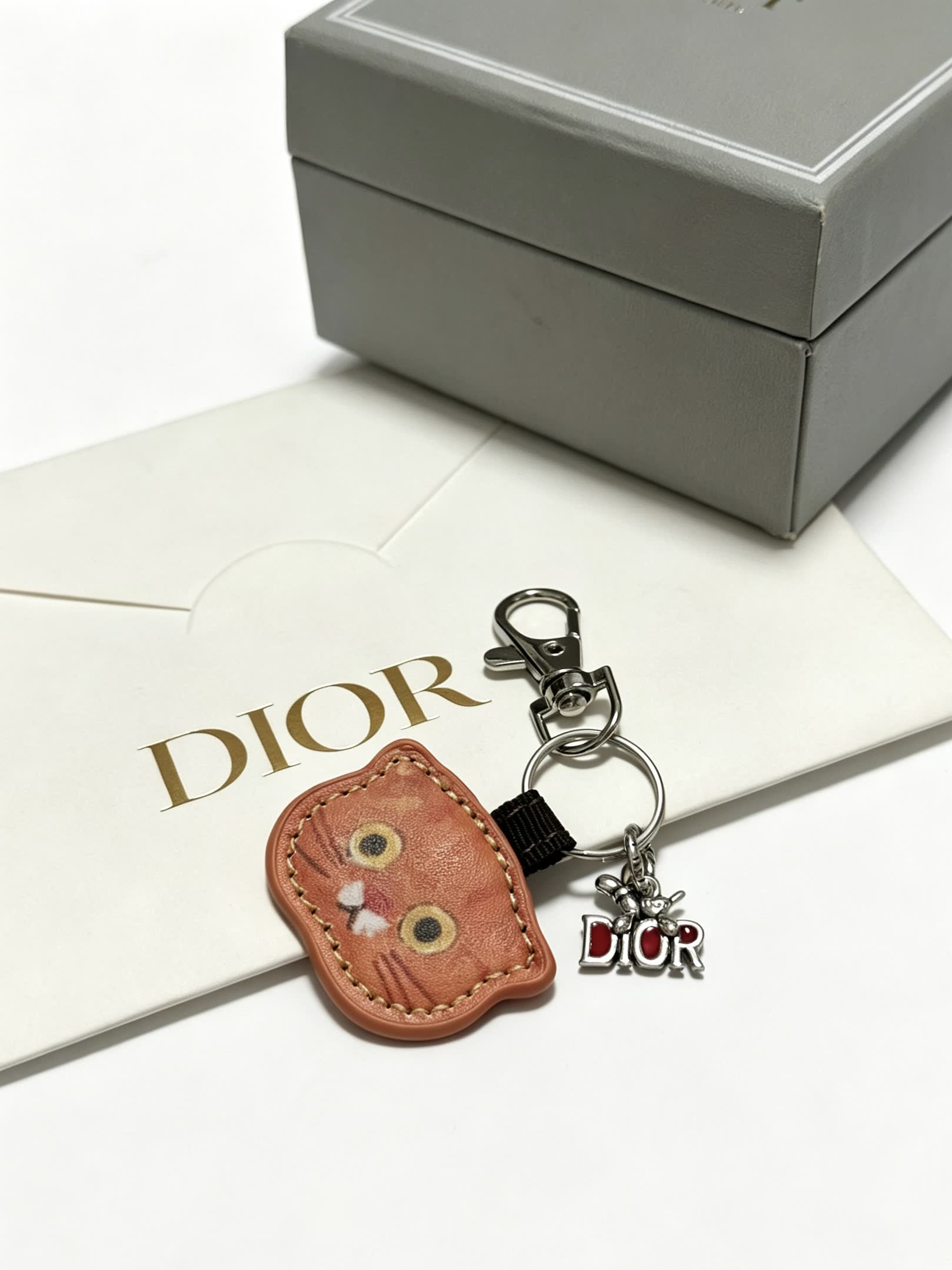 Dior Leather Keychain with Cat Face Charm