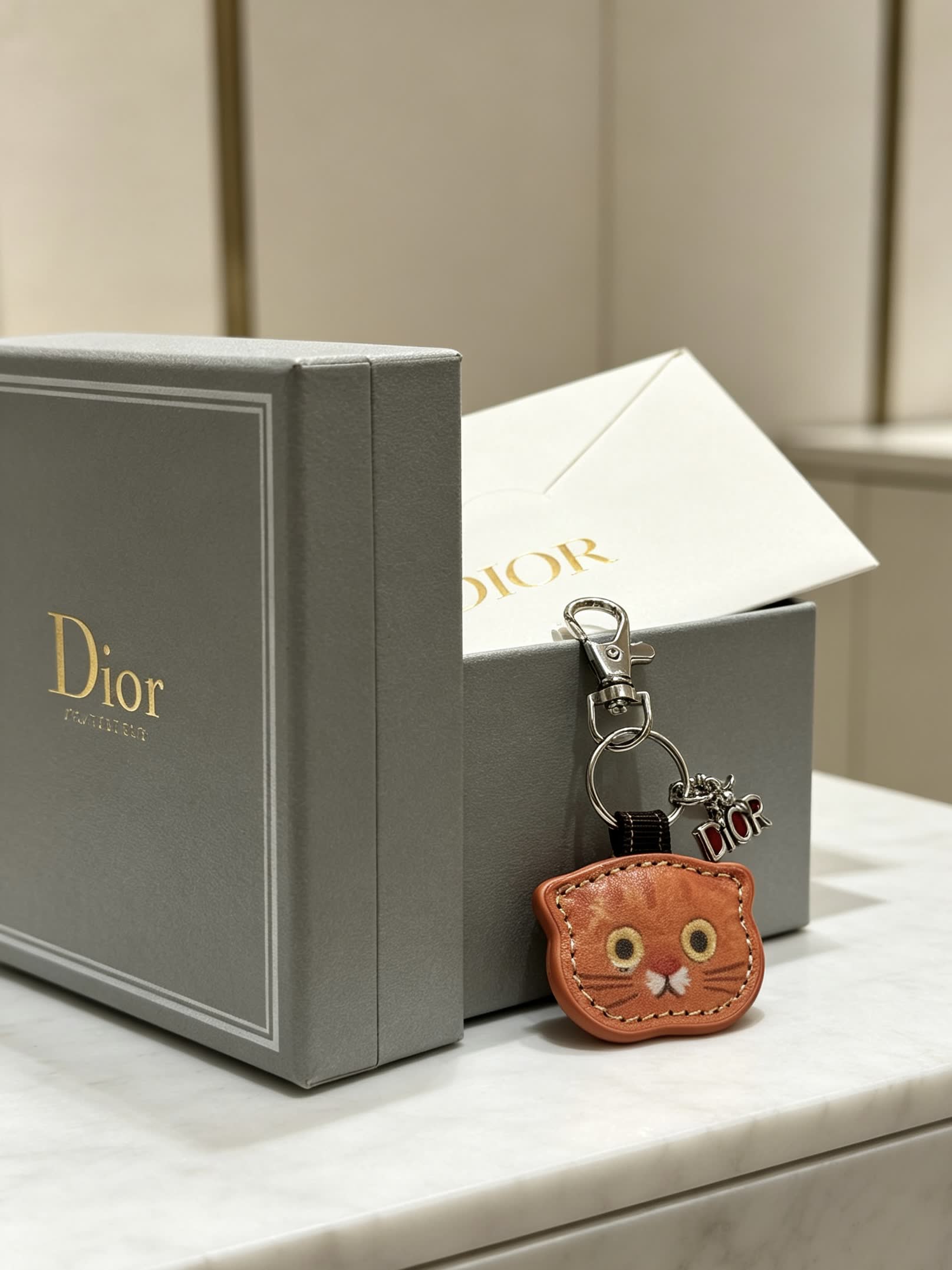 Dior Leather Keychain with Cat Face Charm