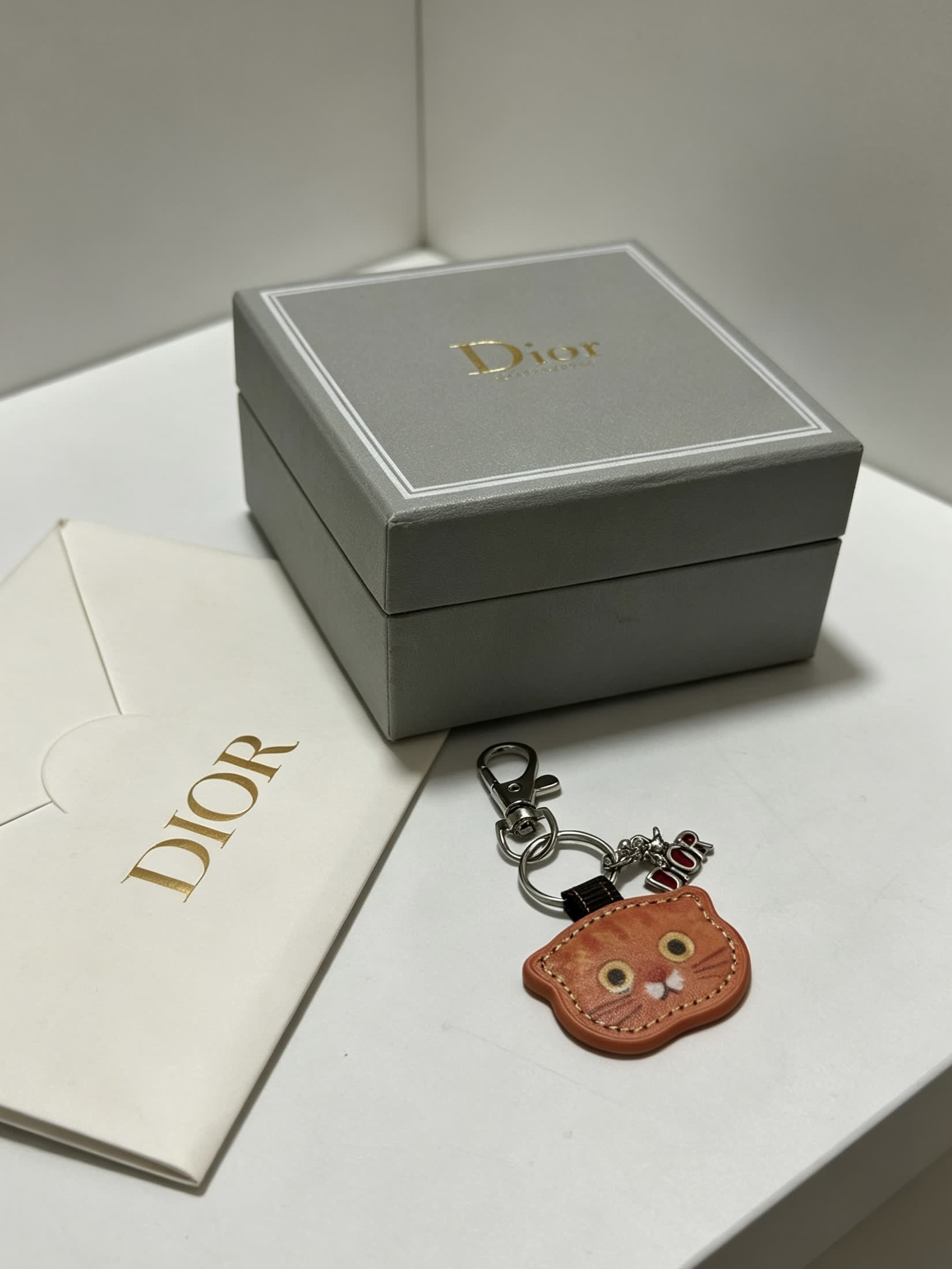 Dior Leather Keychain with Cat Face Charm