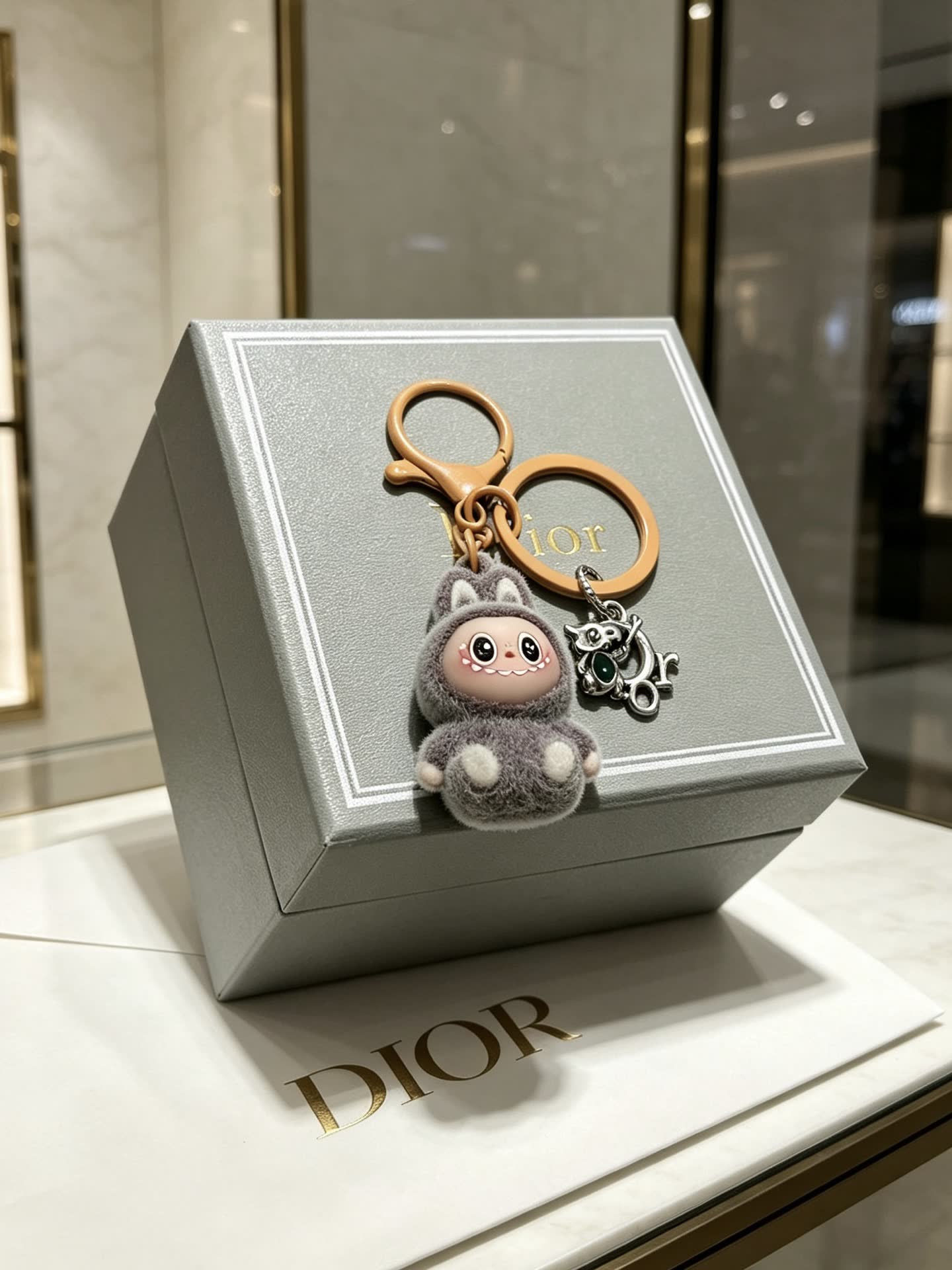 Dior Grey Furry Keychain with Silver Charm