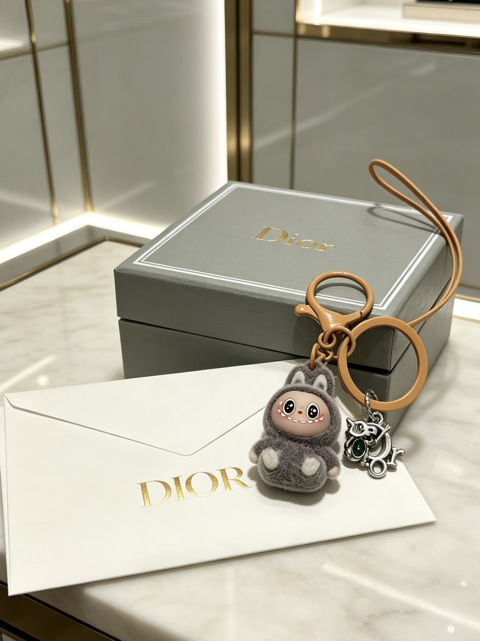 Dior Grey Furry Keychain with Silver Charm