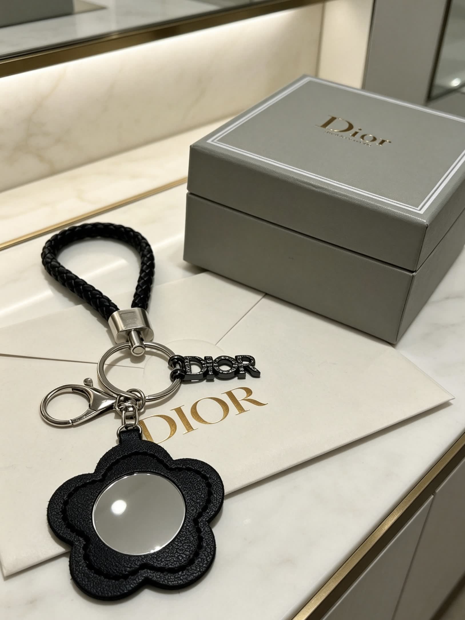 Dior Black Leather Keychain with Mirror