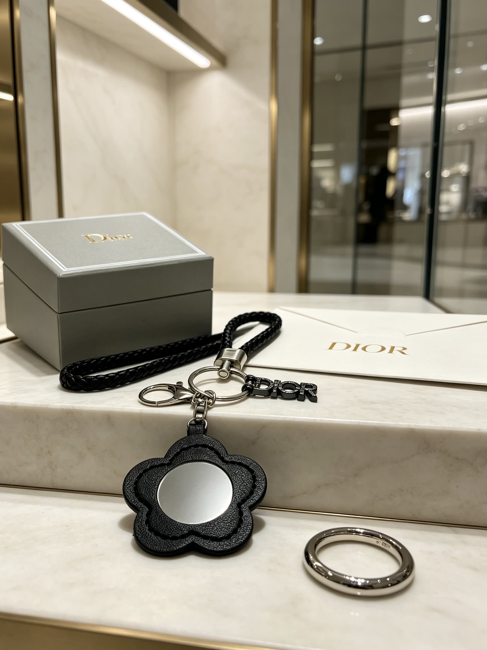 Dior Black Leather Keychain with Mirror