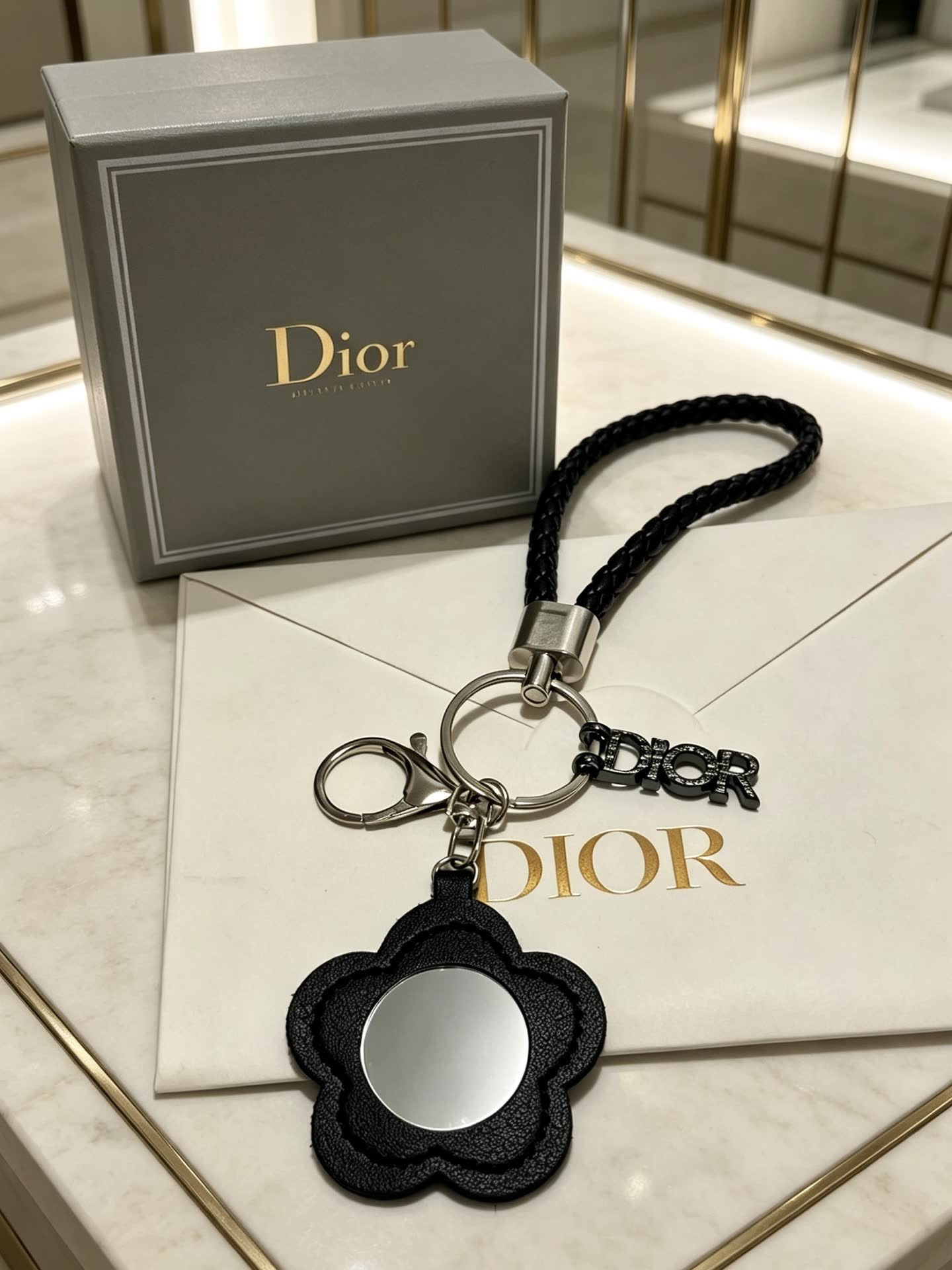 Dior Black Leather Keychain with Mirror