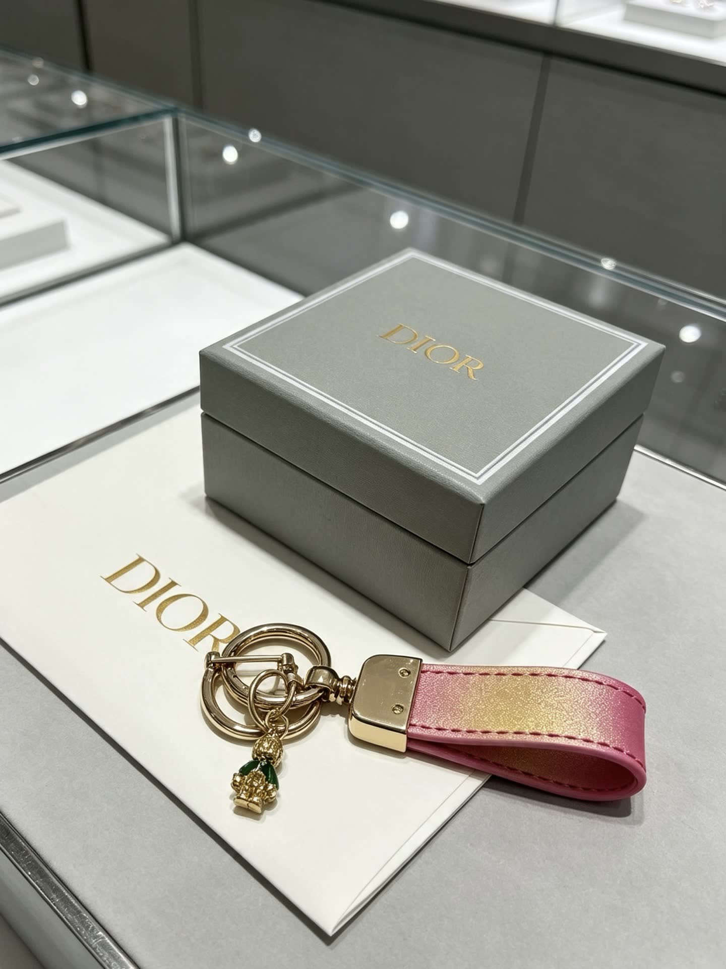 Dior Pink & Gold Leather Keychain with Charm
