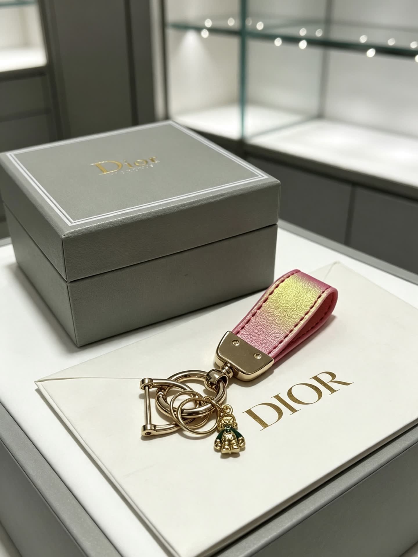 Dior Pink & Gold Leather Keychain with Charm
