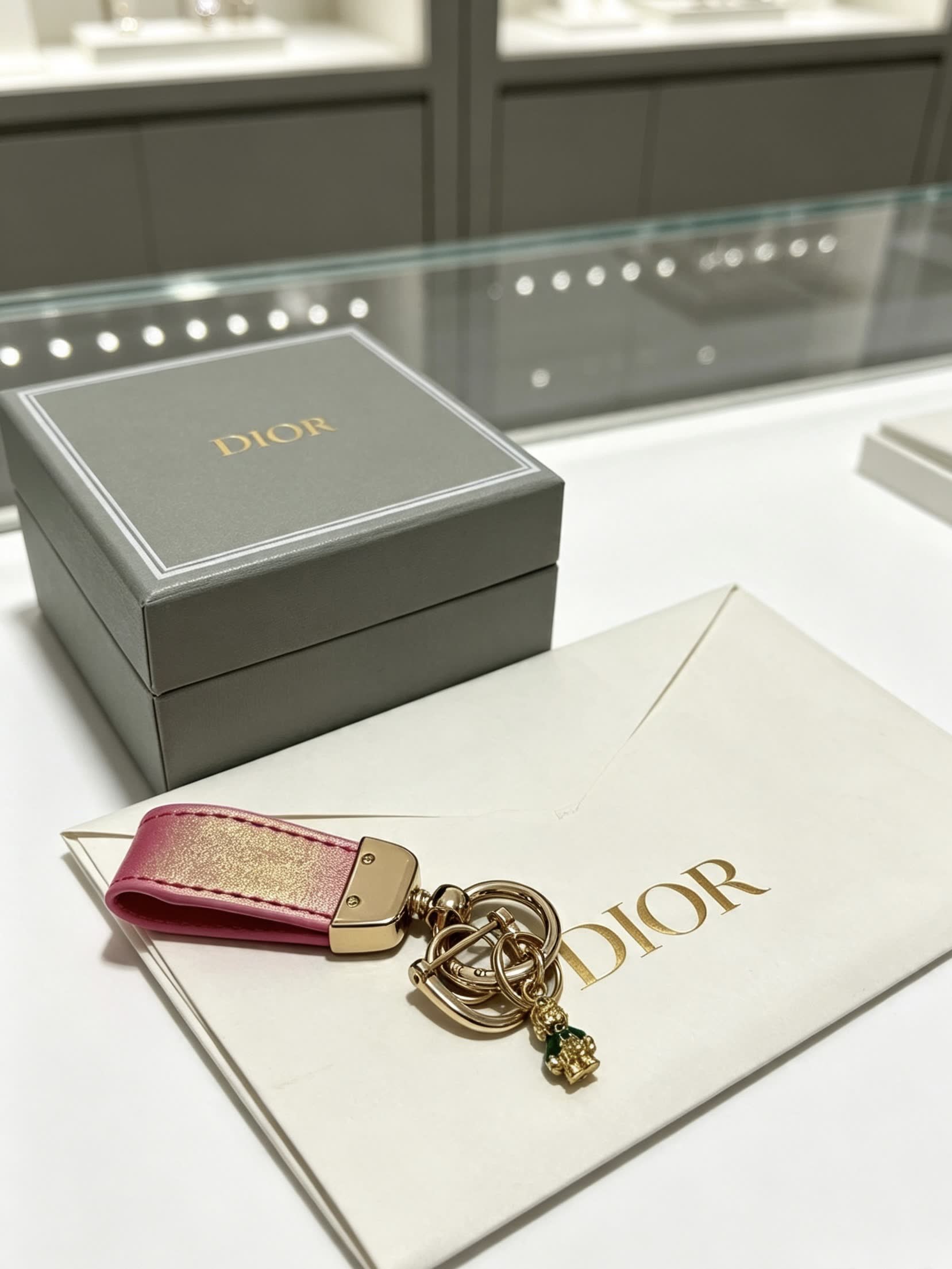 Dior Pink & Gold Leather Keychain with Charm