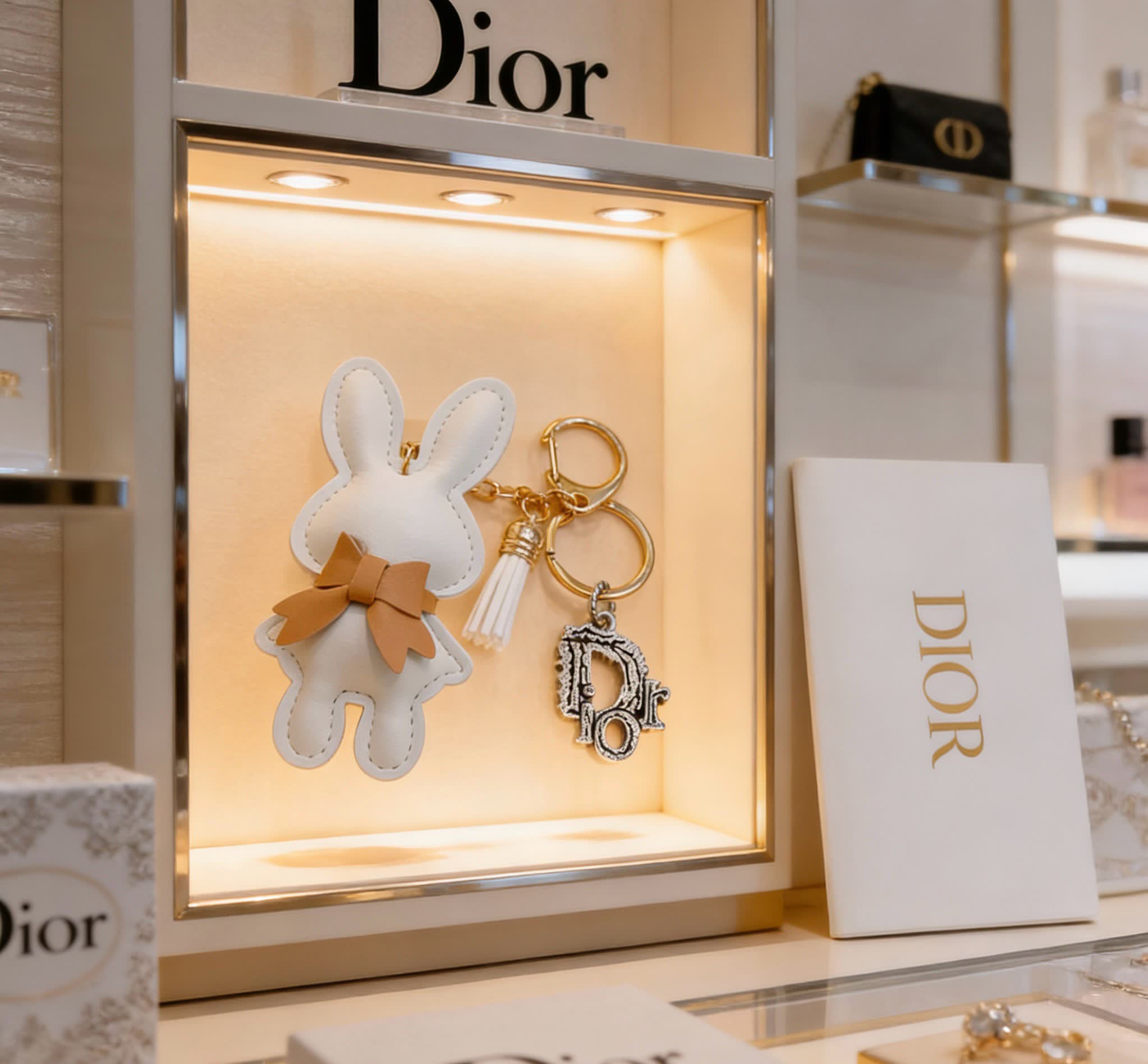 Dior White Bunny Keychain with Gold 'D' Charm