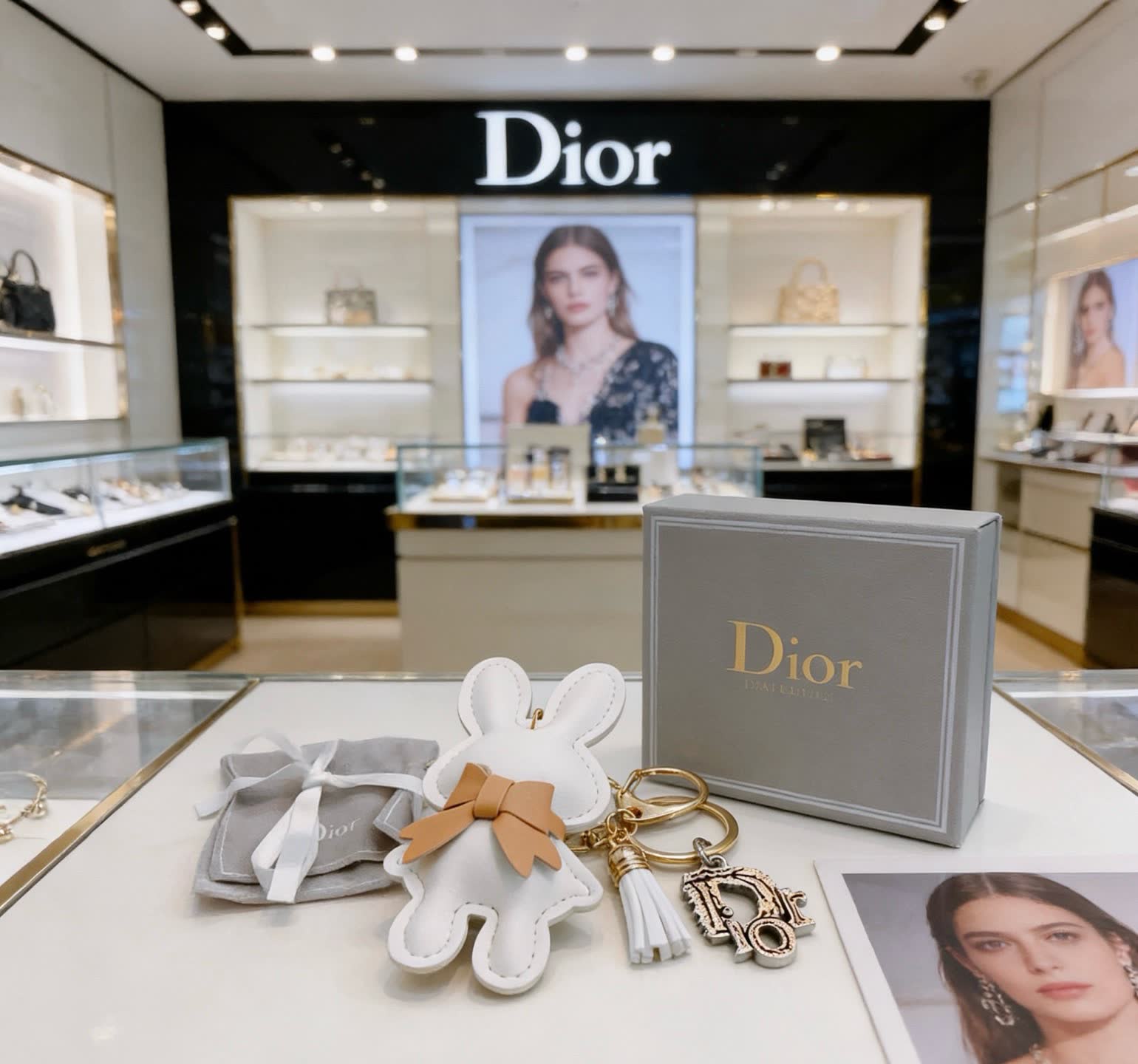 Dior White Bunny Keychain with Gold 'D' Charm