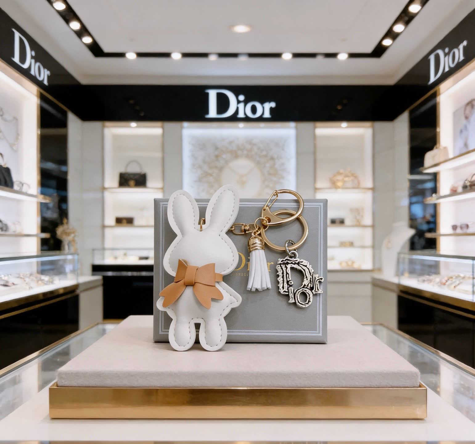 Dior White Bunny Keychain with Gold 'D' Charm