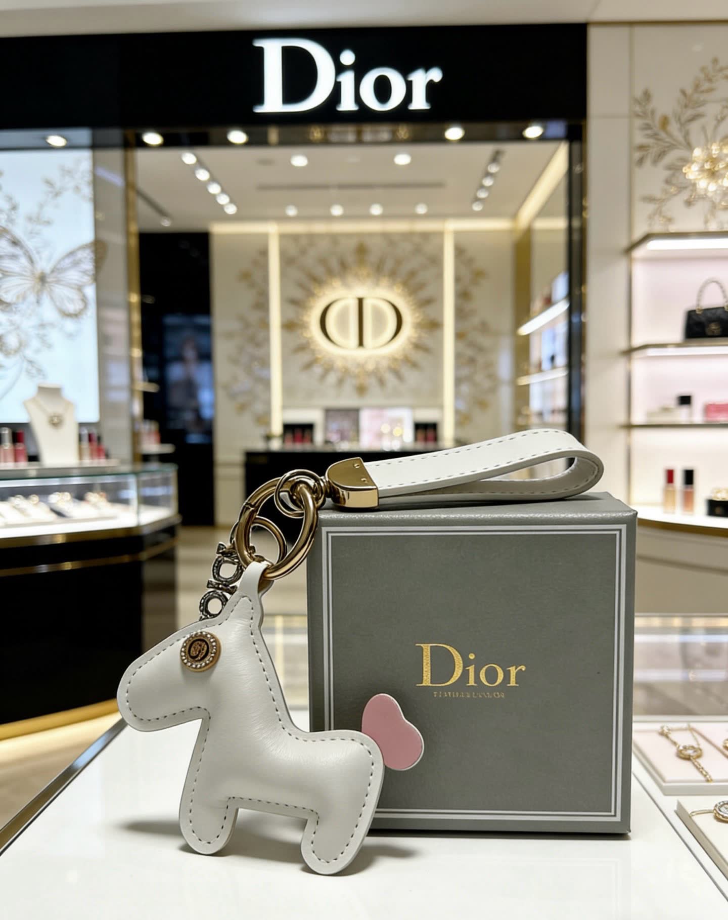 Dior Leather Keychain with Unicorn Charm